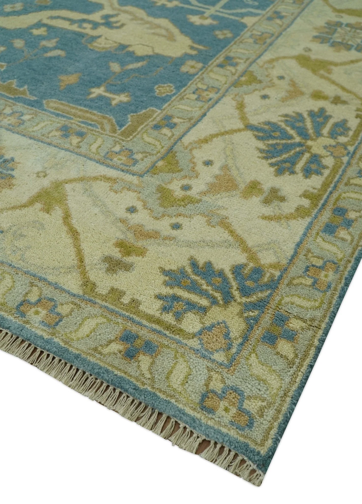 8x10 Teal, Olive and Beige Hand Knotted Traditional Oriental Oushak wool area rug - Image 6