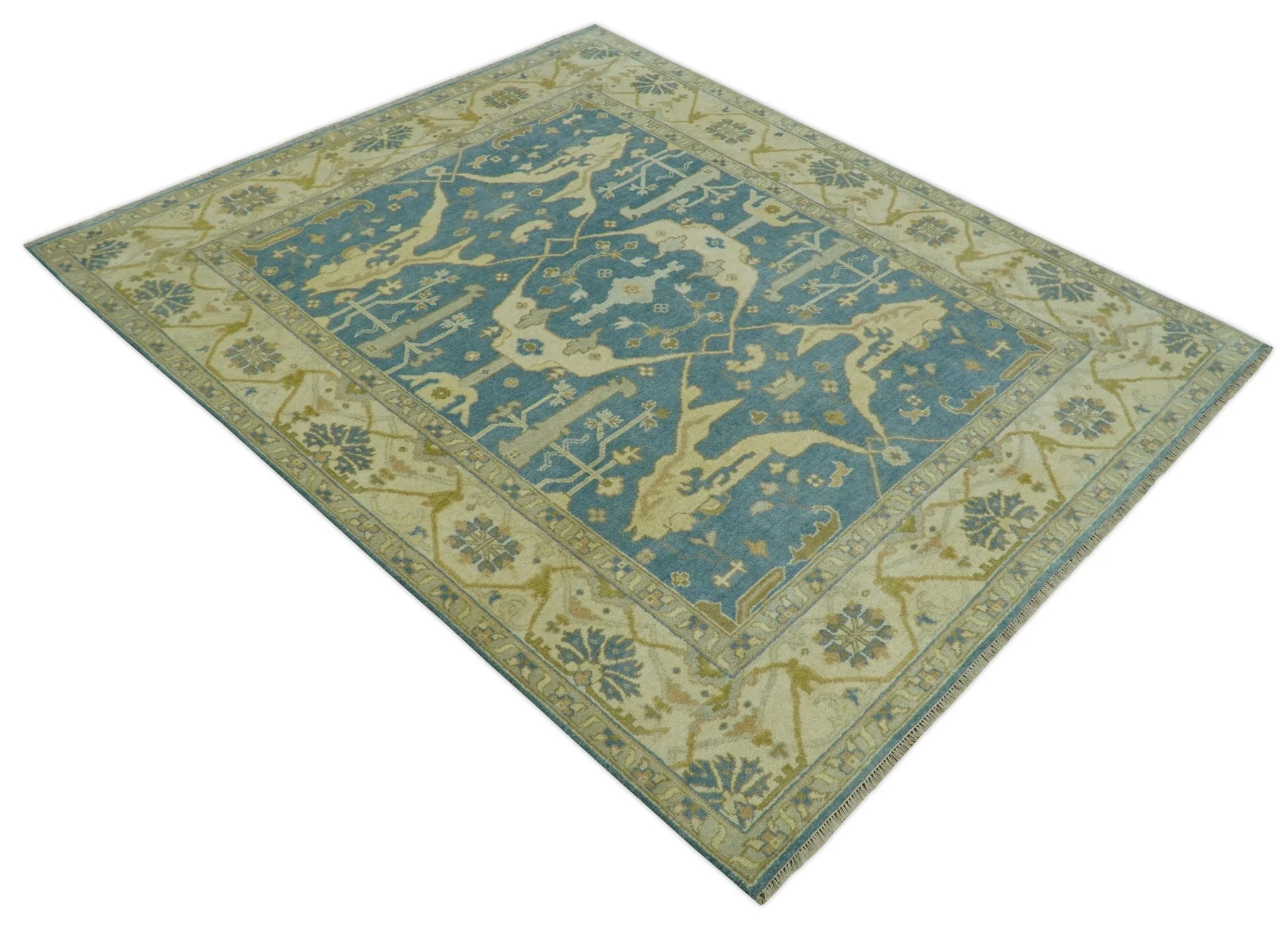 8x10 Teal, Olive and Beige Hand Knotted Traditional Oriental Oushak wool area rug - Image 9