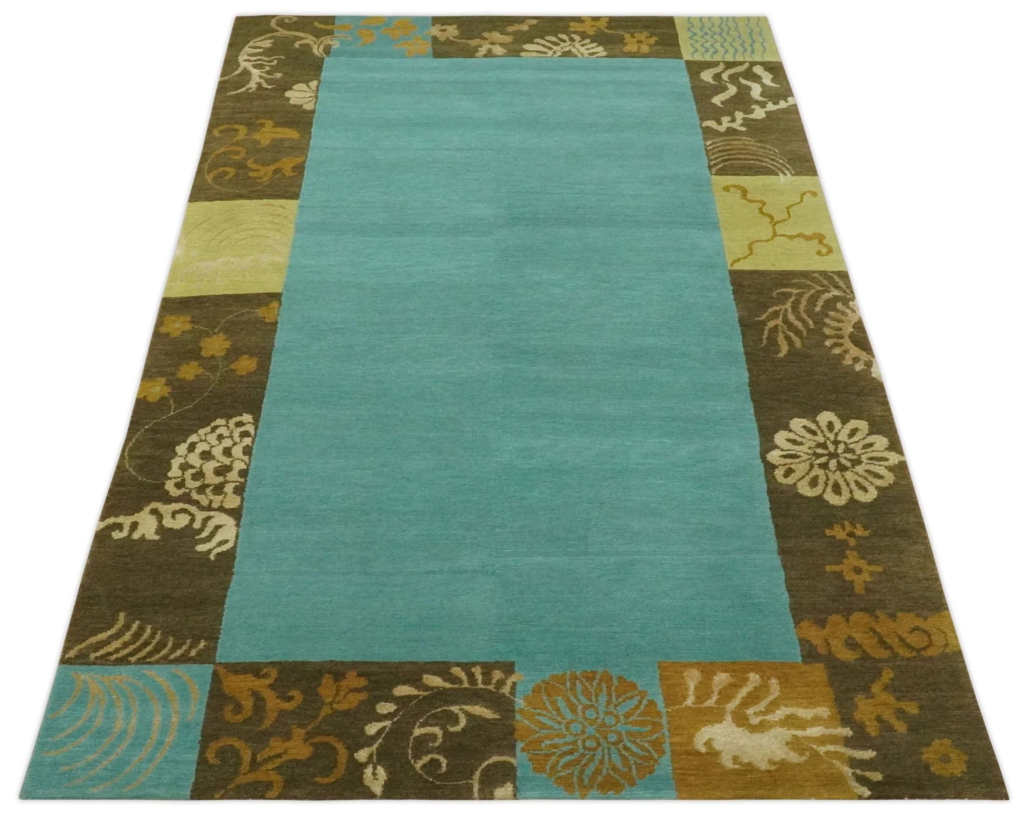 5x8 Teal, Olive and Brown Tradition Floral Boarder Hand knotted Wool and Art Silk Area Rug - Image 10