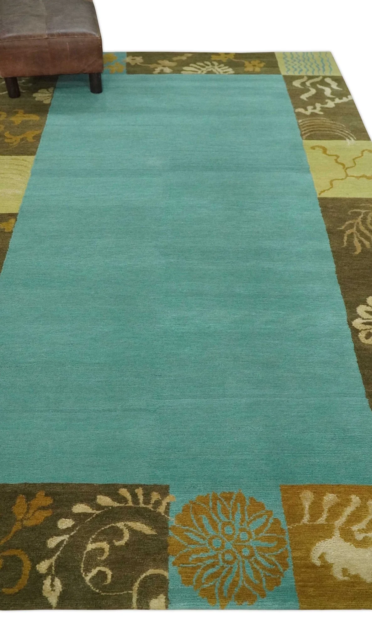 5x8 Teal, Olive and Brown Tradition Floral Boarder Hand knotted Wool and Art Silk Area Rug - Image 3