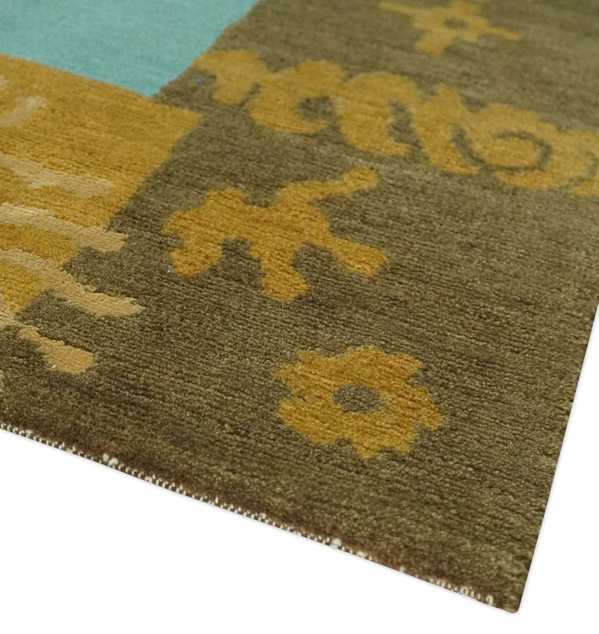 5x8 Teal, Olive and Brown Tradition Floral Boarder Hand knotted Wool and Art Silk Area Rug - Image 5
