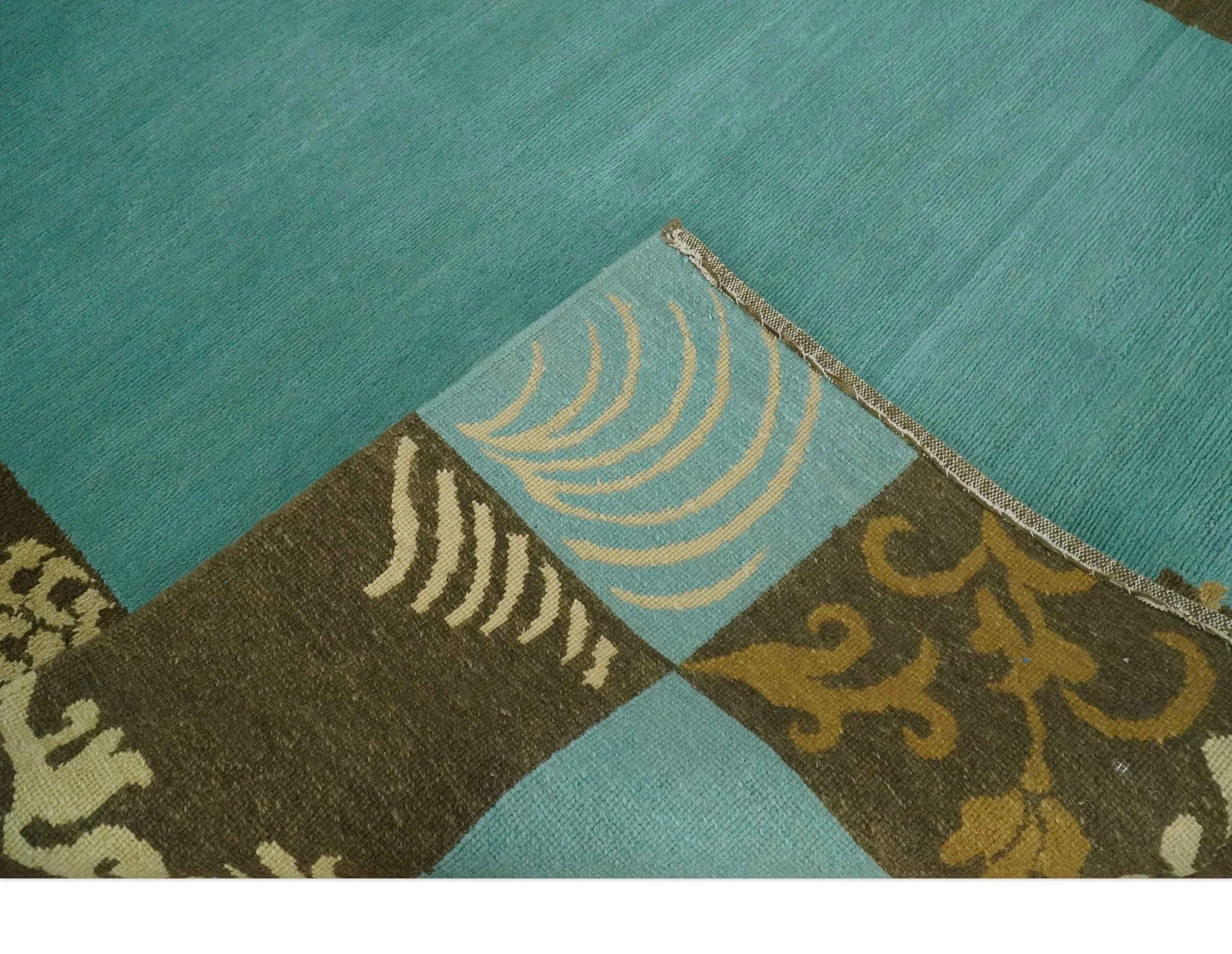 5x8 Teal, Olive and Brown Tradition Floral Boarder Hand knotted Wool and Art Silk Area Rug - Image 6