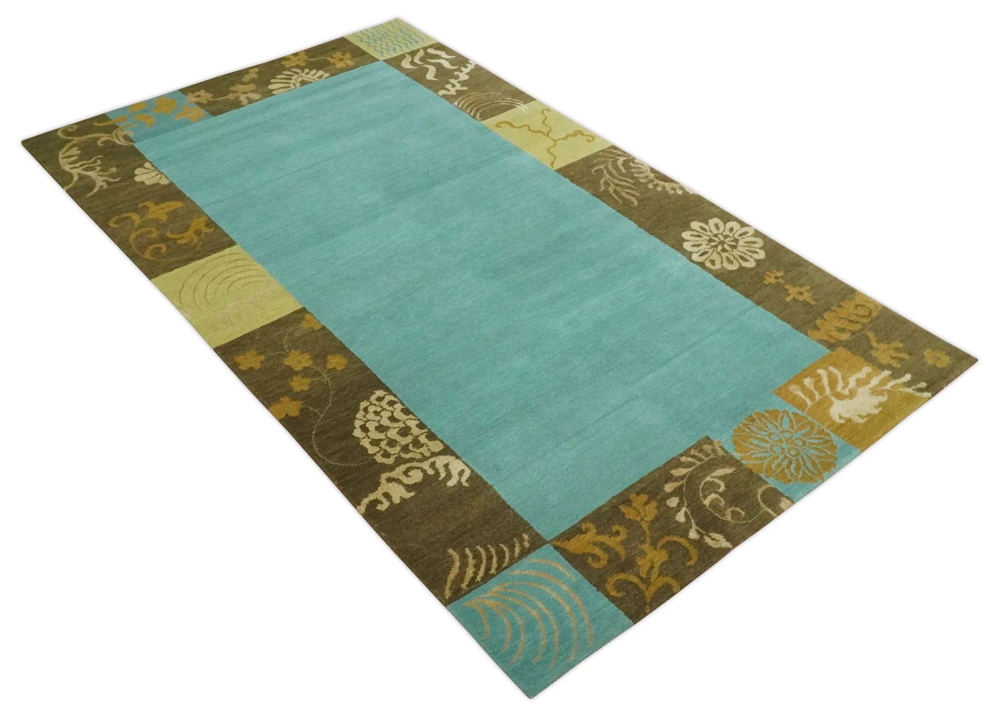 5x8 Teal, Olive and Brown Tradition Floral Boarder Hand knotted Wool and Art Silk Area Rug - Image 9