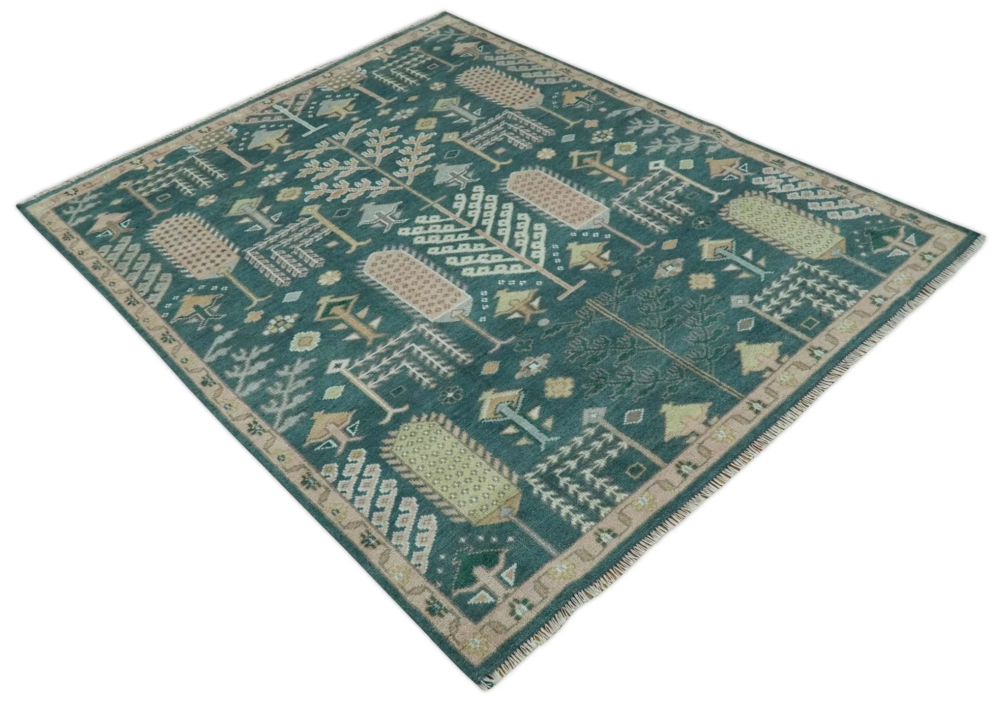 Tree of life Teal, Peach and Olive Hand Knotted Traditional Oushak Custom Made wool area Rug - Image 10