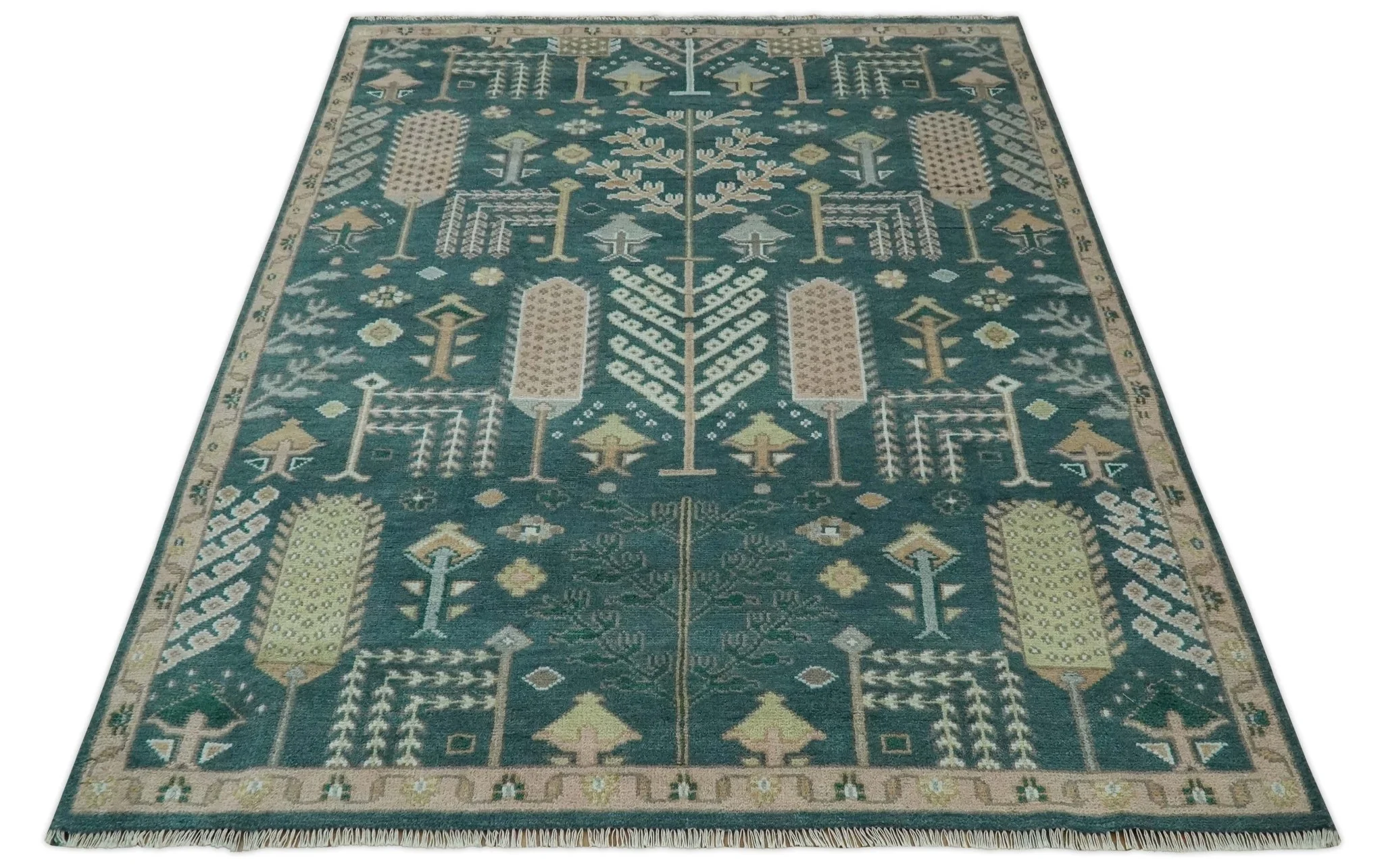Tree of life Teal, Peach and Olive Hand Knotted Traditional Oushak Custom Made wool area Rug - Image 11