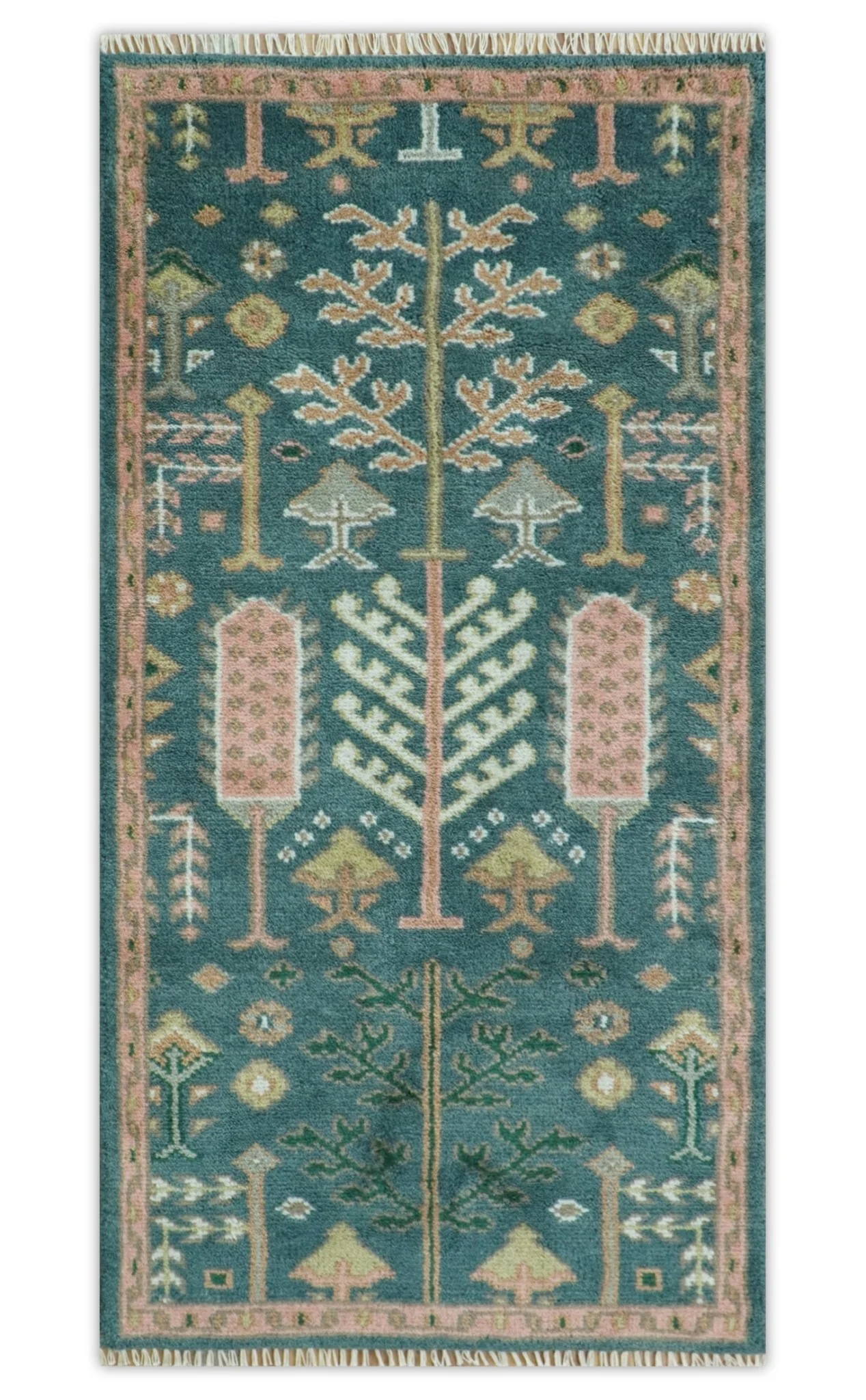Tree of life Teal, Peach and Olive Hand Knotted Traditional Oushak Custom Made wool area Rug - Image 12