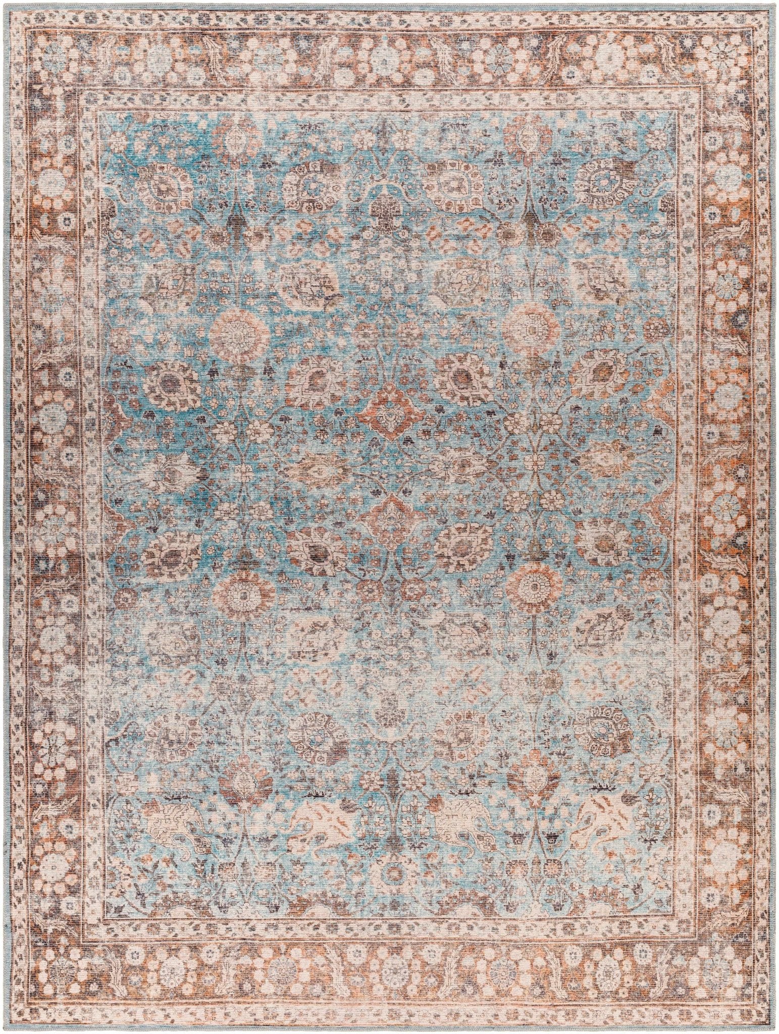Teal, Rust and Peach Antique Vintage Style Washable Area Rug - Image 12