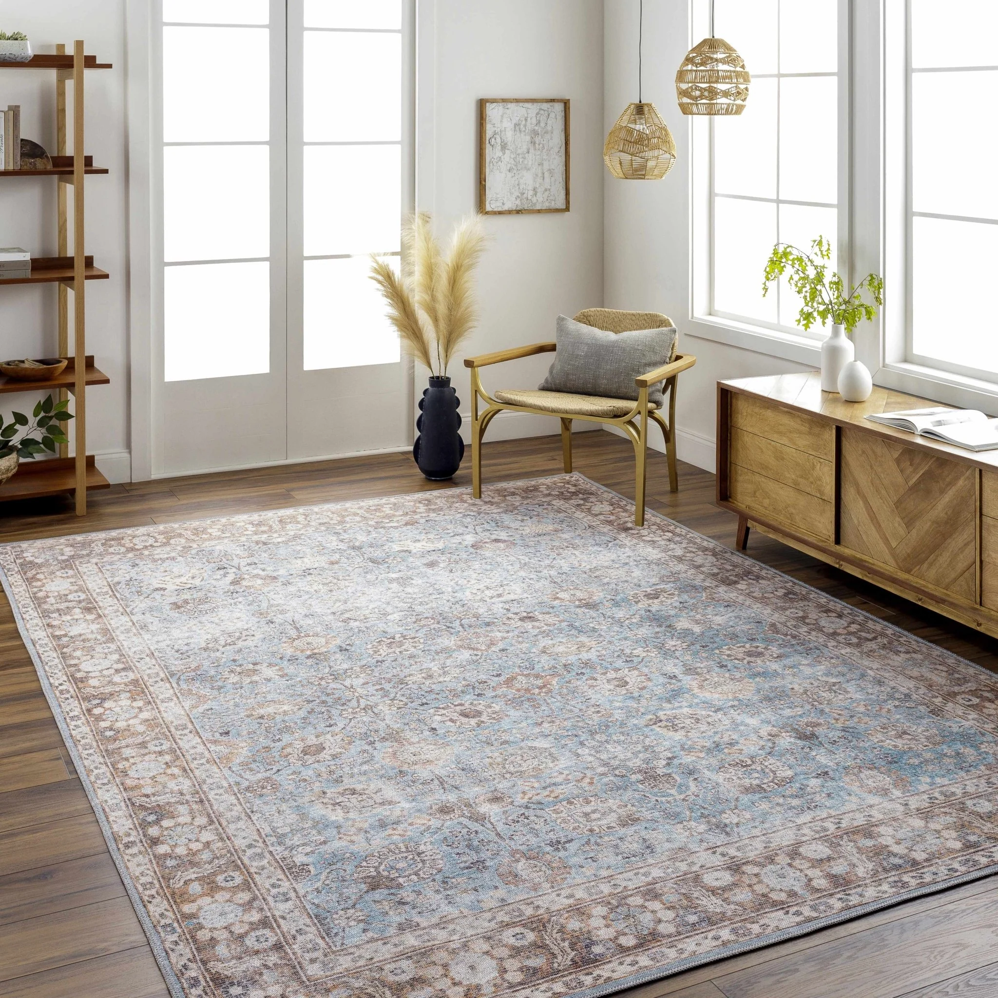 Teal, Rust and Peach Antique Vintage Style Washable Area Rug - Image 13
