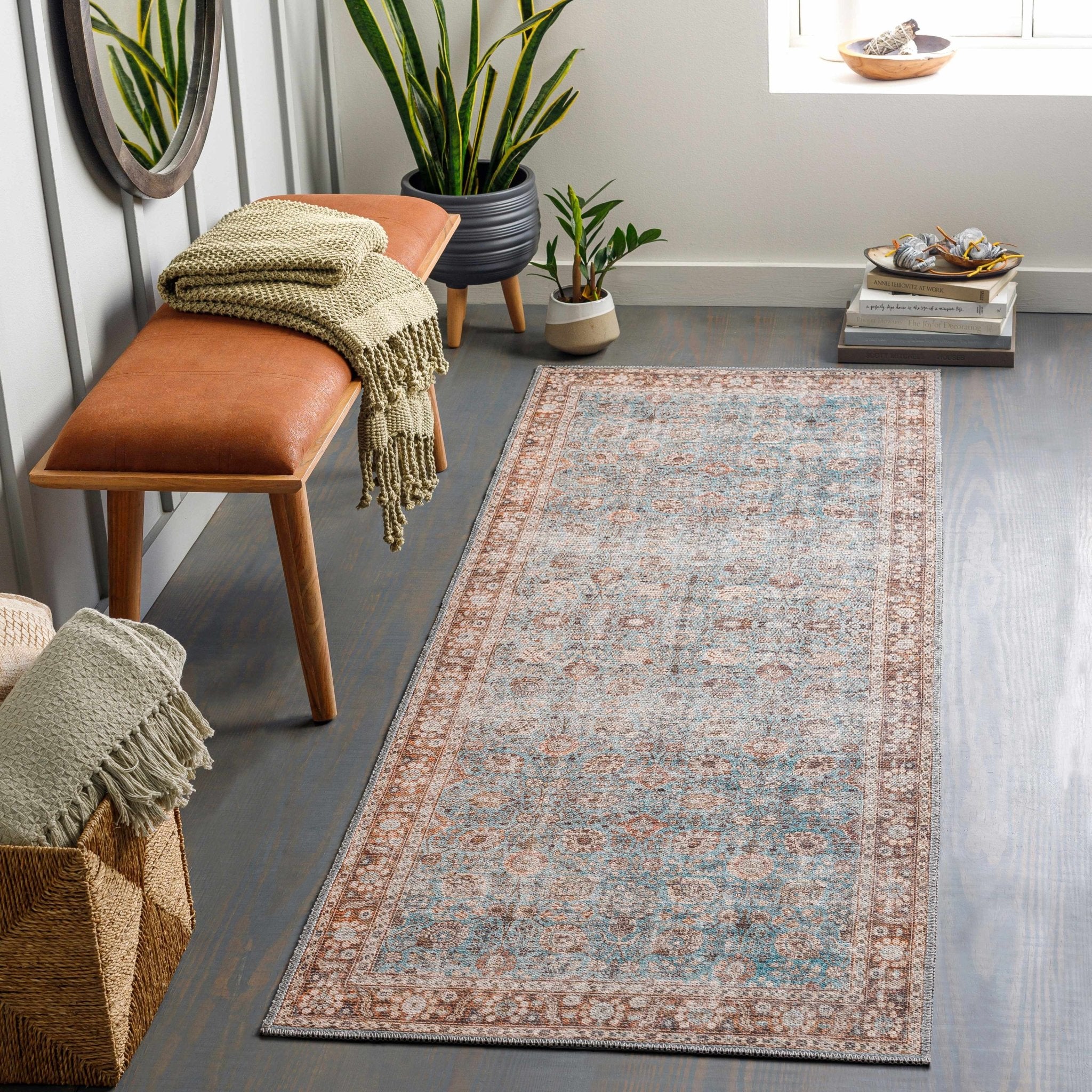 Teal, Rust and Peach Antique Vintage Style Washable Area Rug - Image 2