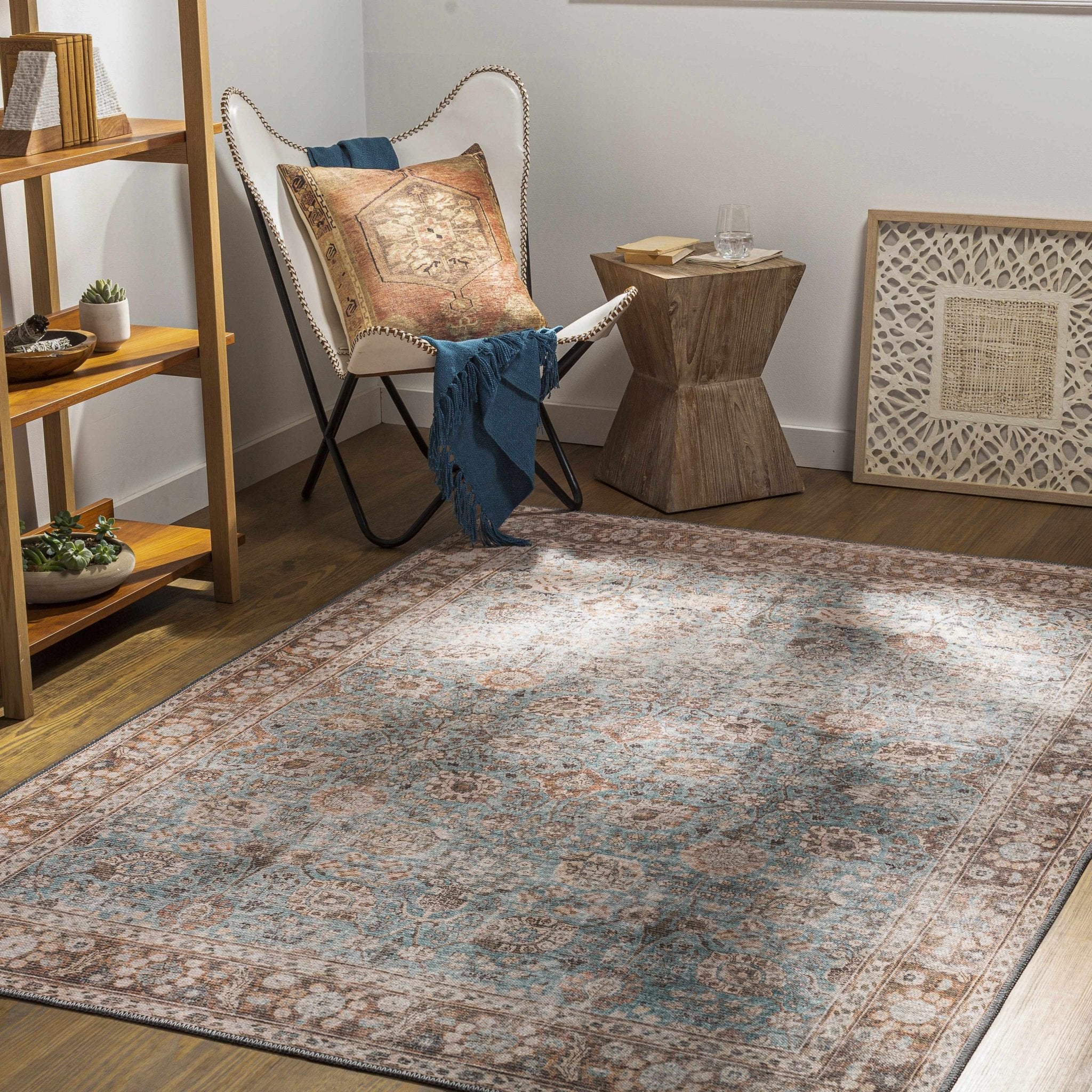 Teal, Rust and Peach Antique Vintage Style Washable Area Rug - Image 3