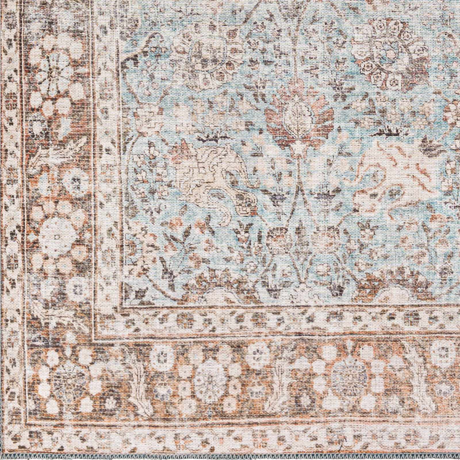 Teal, Rust and Peach Antique Vintage Style Washable Area Rug - Image 5