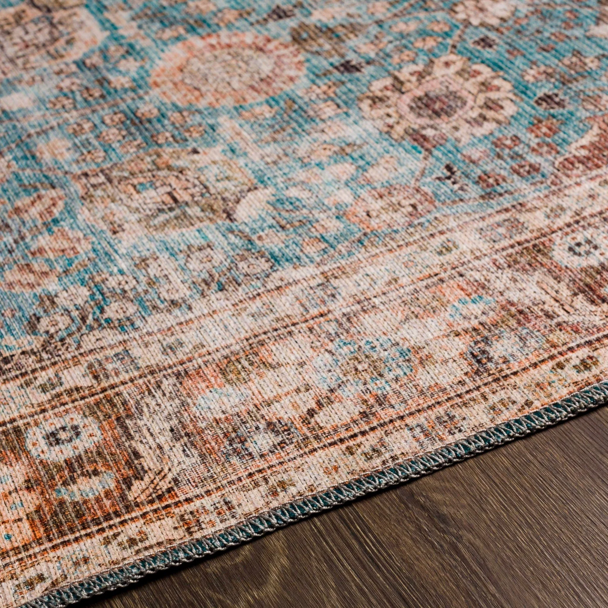 Teal, Rust and Peach Antique Vintage Style Washable Area Rug - Image 6