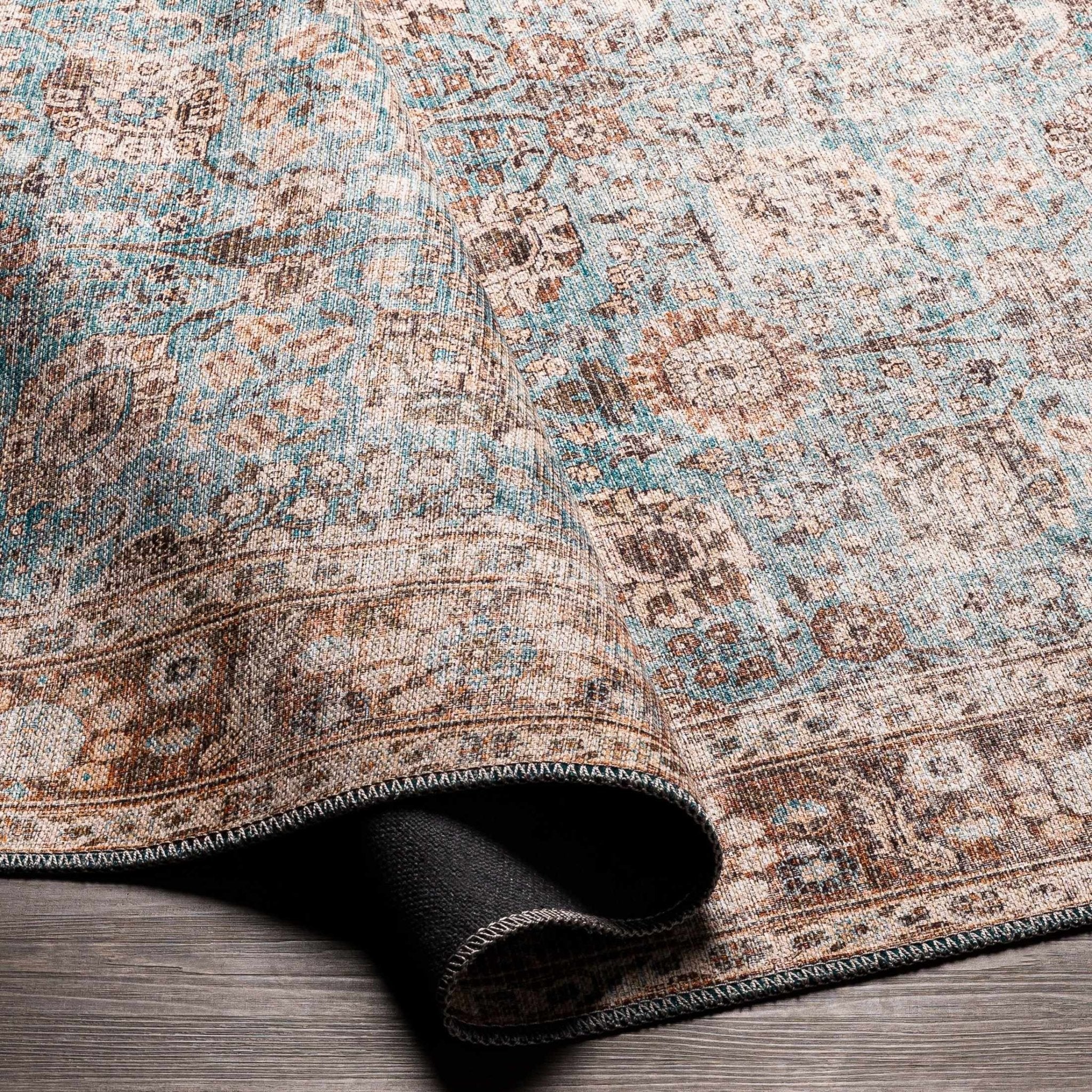Teal, Rust and Peach Antique Vintage Style Washable Area Rug - Image 7