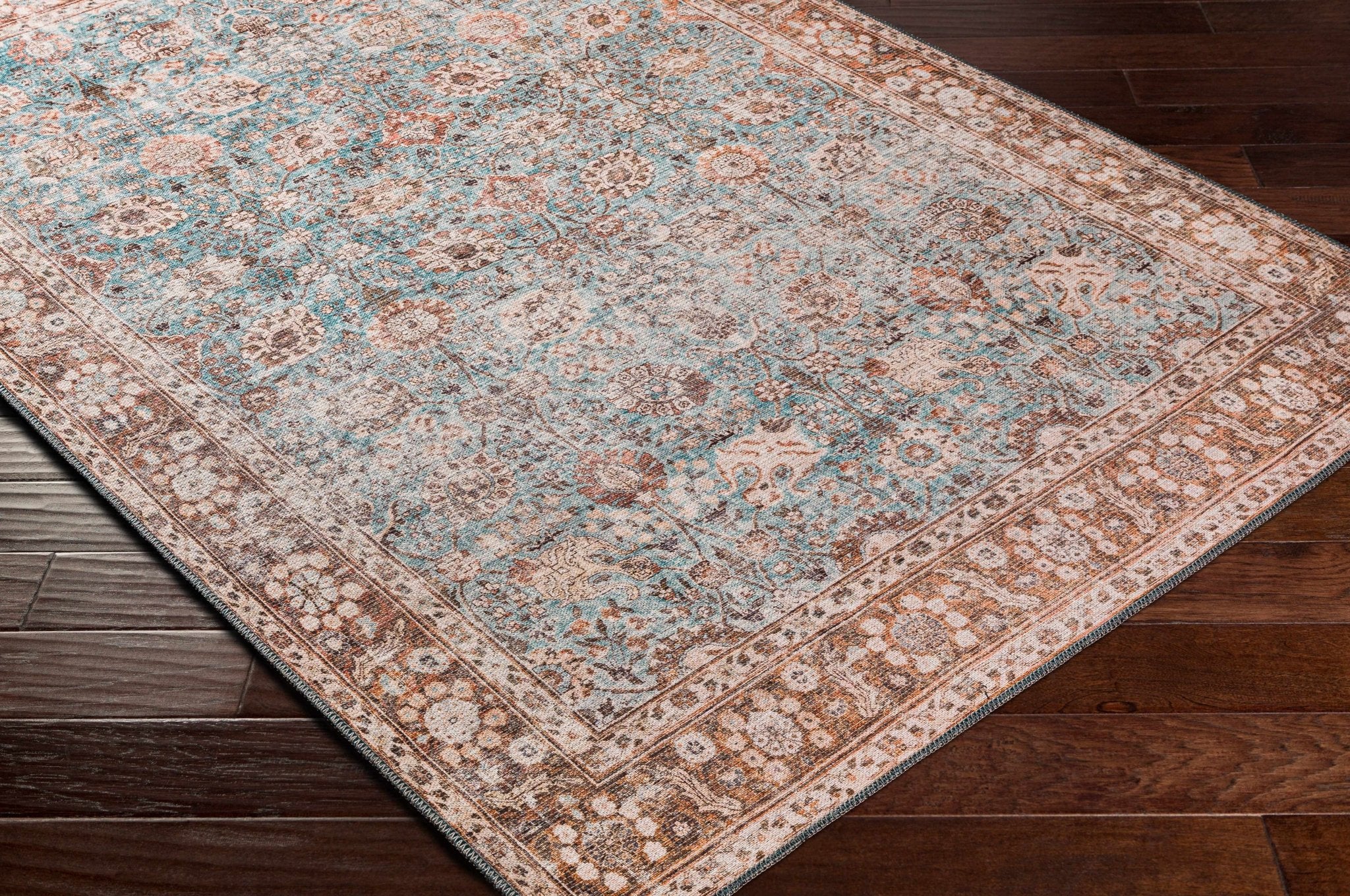 Teal, Rust and Peach Antique Vintage Style Washable Area Rug - Image 8