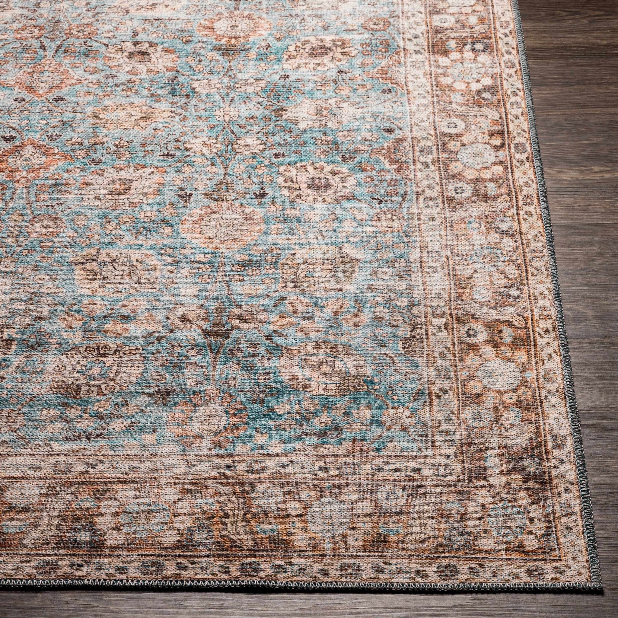 Teal, Rust and Peach Antique Vintage Style Washable Area Rug - Image 9