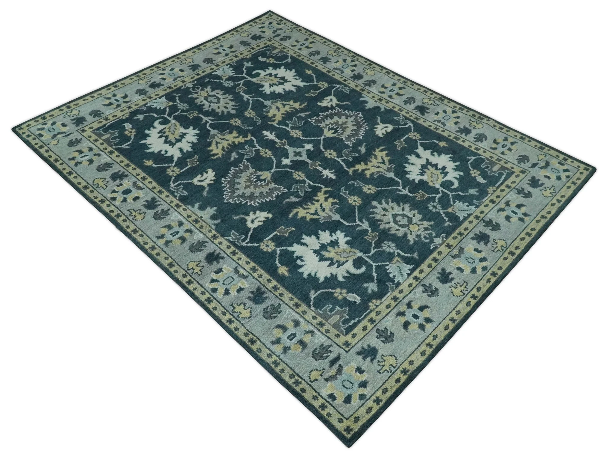 Dark Teal, Silver, Blue and Ivory Hand Knotted Traditional Oushak Multi Size Area Rug - Image 10