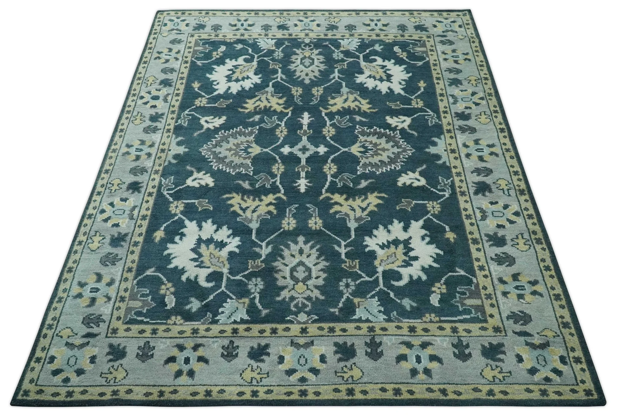 Dark Teal, Silver, Blue and Ivory Hand Knotted Traditional Oushak Multi Size Area Rug - Image 11