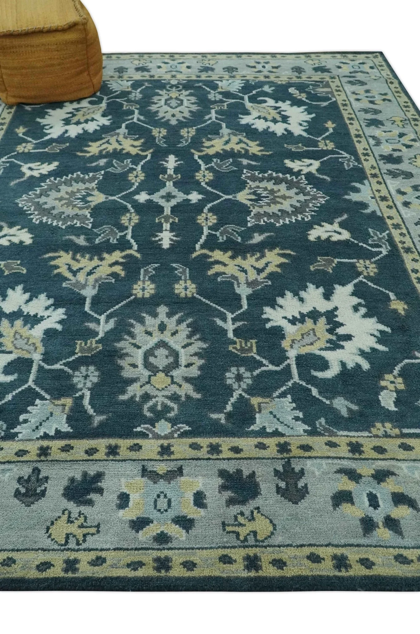 Dark Teal, Silver, Blue and Ivory Hand Knotted Traditional Oushak Multi Size Area Rug - Image 4