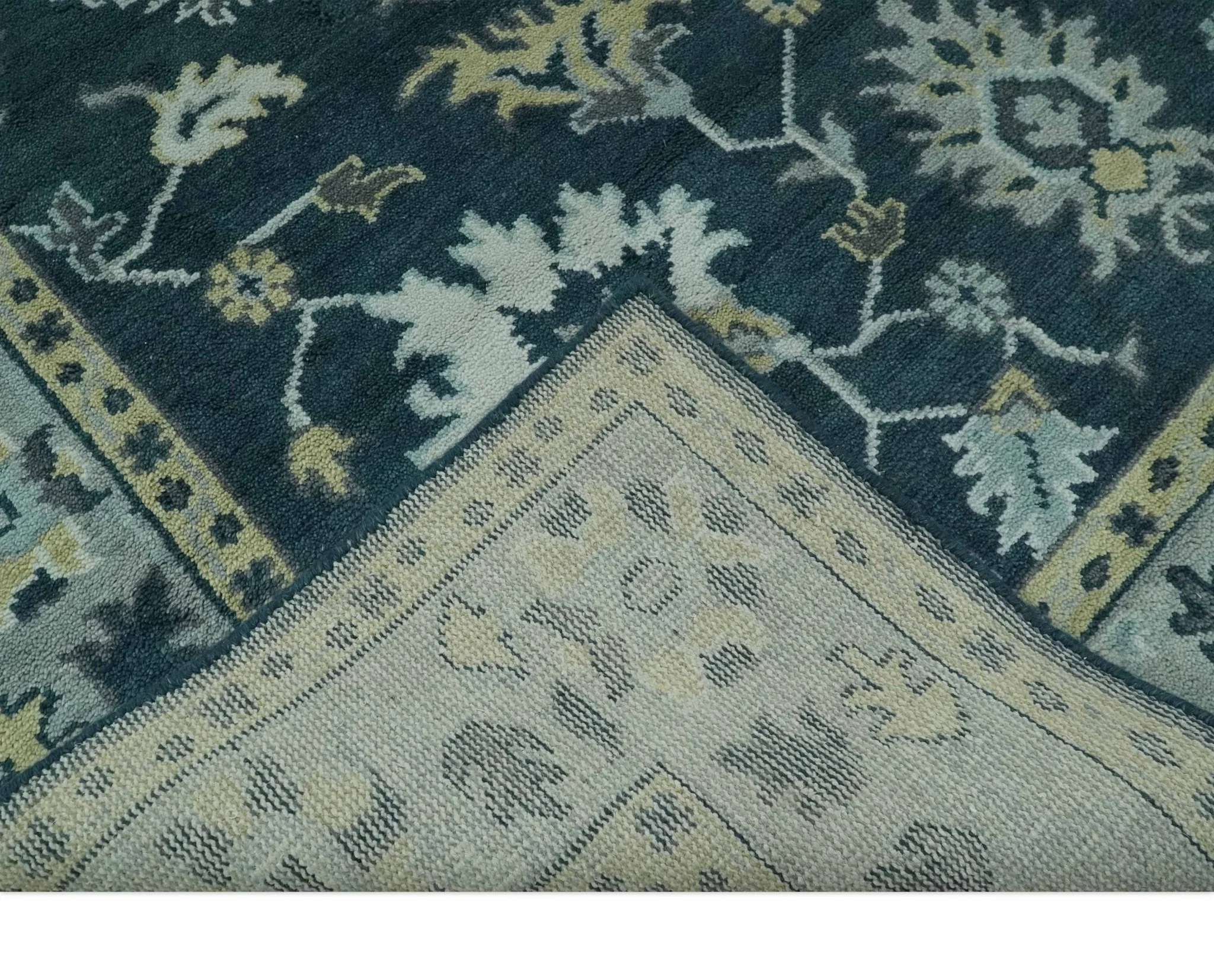 Dark Teal, Silver, Blue and Ivory Hand Knotted Traditional Oushak Multi Size Area Rug - Image 8