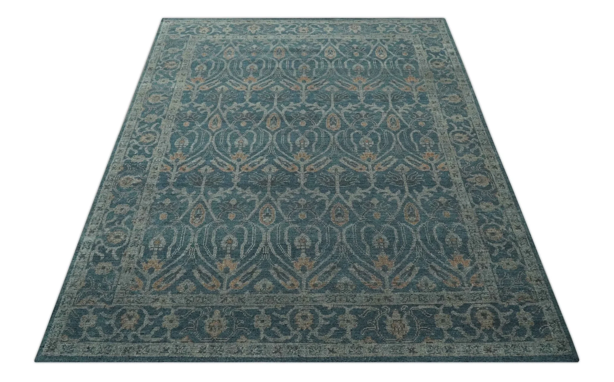 Antique Design Teal, Silver and Dark Peach Hand Knotted Traditional Design 8x10 wool Area rug - Image 10