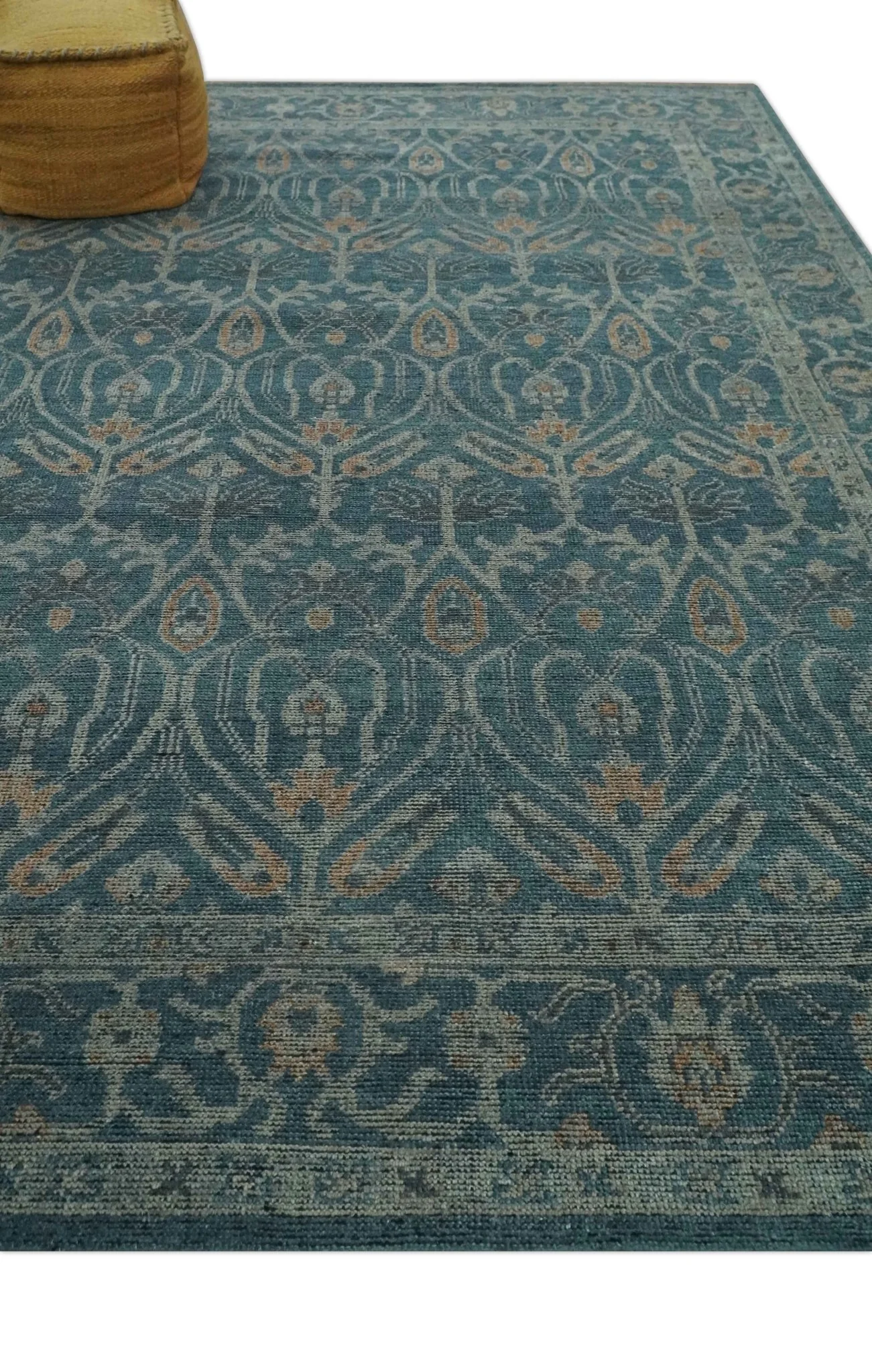 Antique Design Teal, Silver and Dark Peach Hand Knotted Traditional Design 8x10 wool Area rug - Image 3
