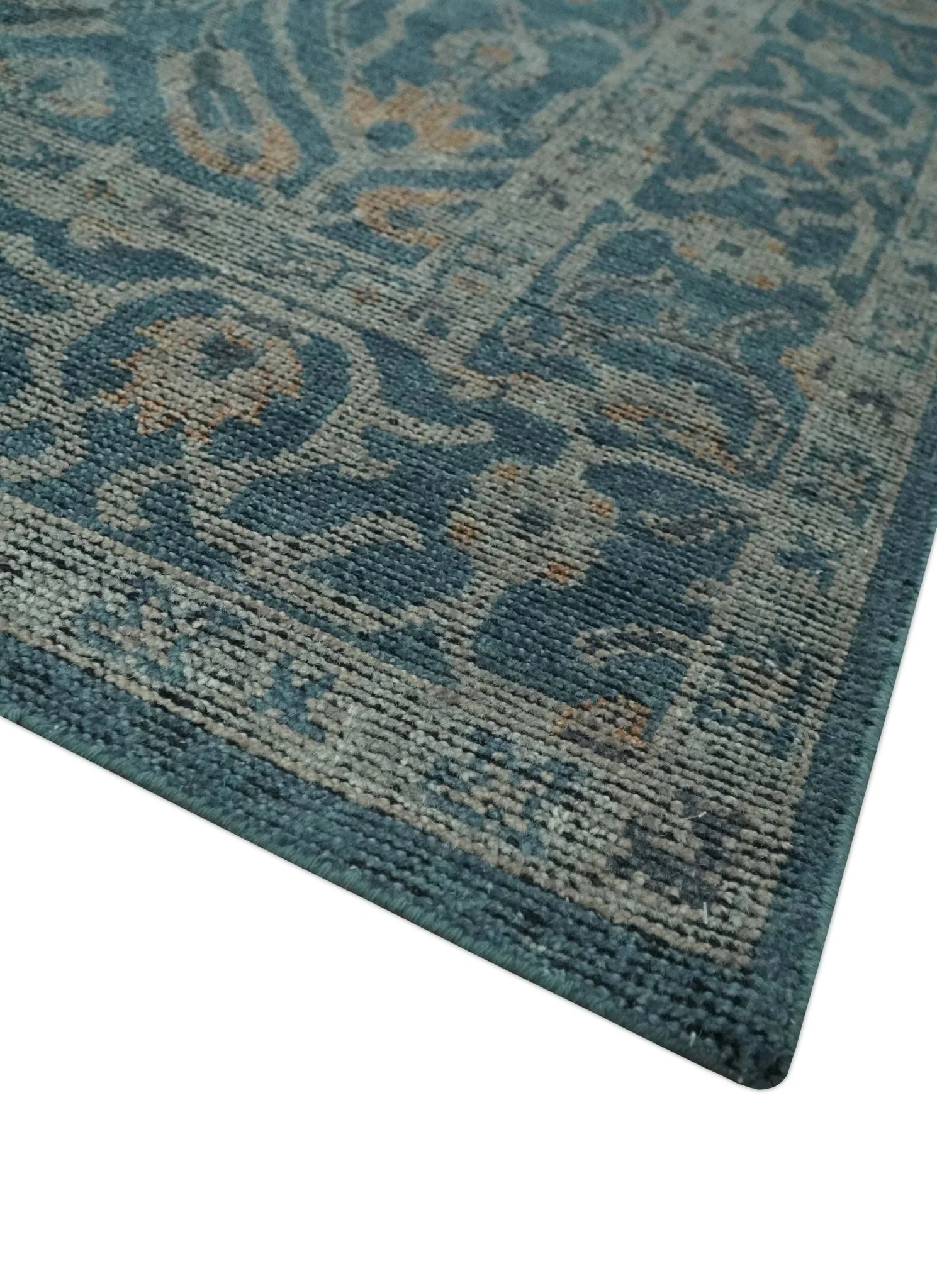 Antique Design Teal, Silver and Dark Peach Hand Knotted Traditional Design 8x10 wool Area rug - Image 5