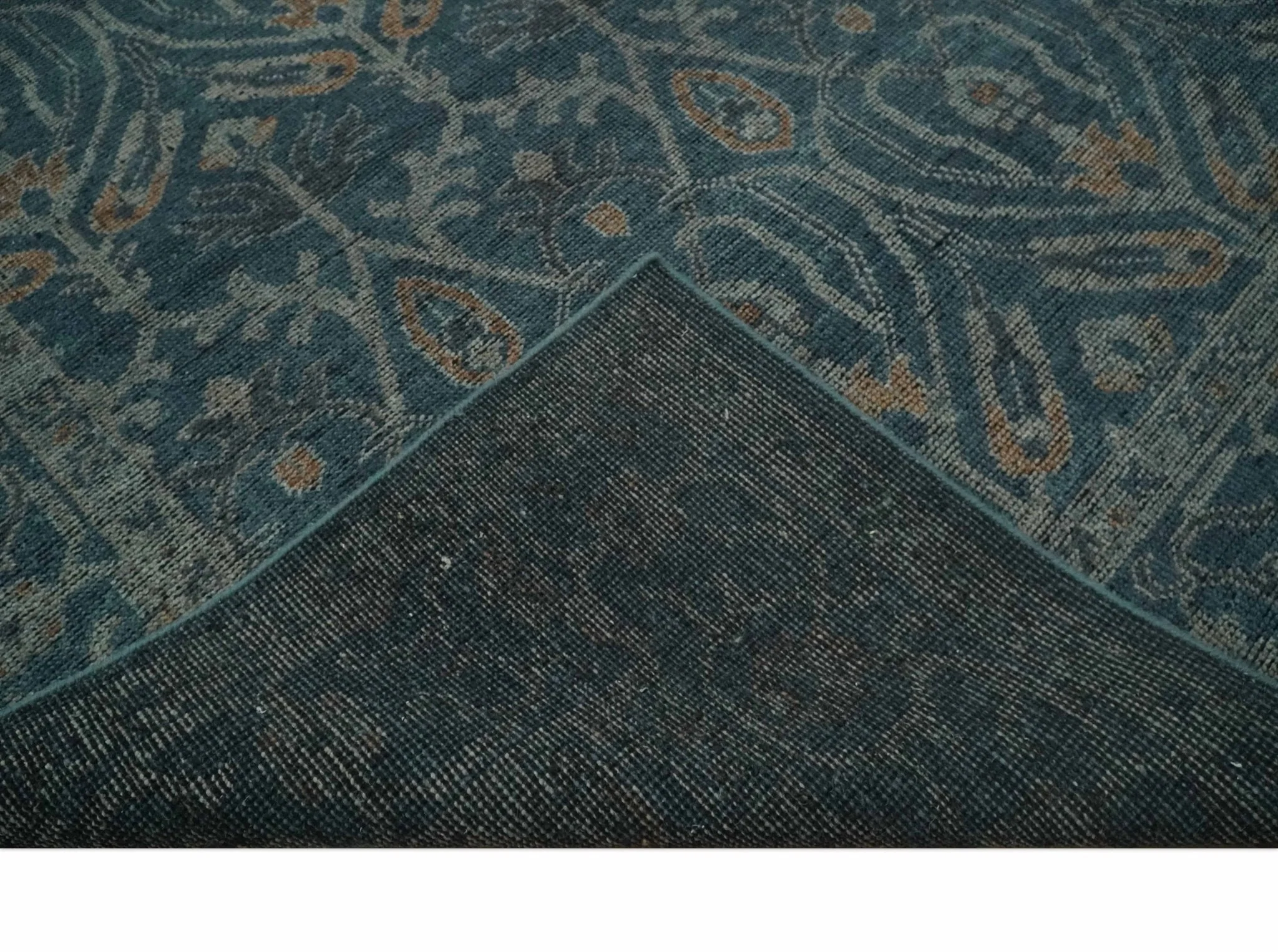 Antique Design Teal, Silver and Dark Peach Hand Knotted Traditional Design 8x10 wool Area rug - Image 7