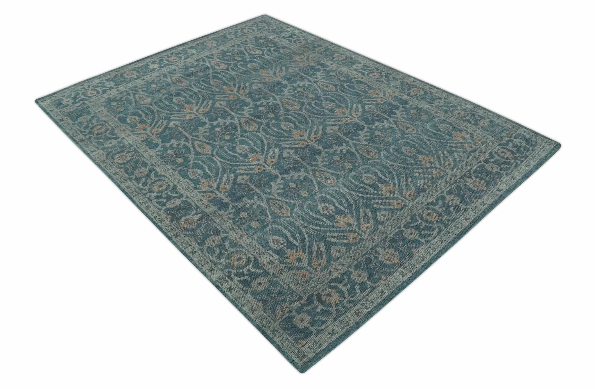 Antique Design Teal, Silver and Dark Peach Hand Knotted Traditional Design 8x10 wool Area rug - Image 9