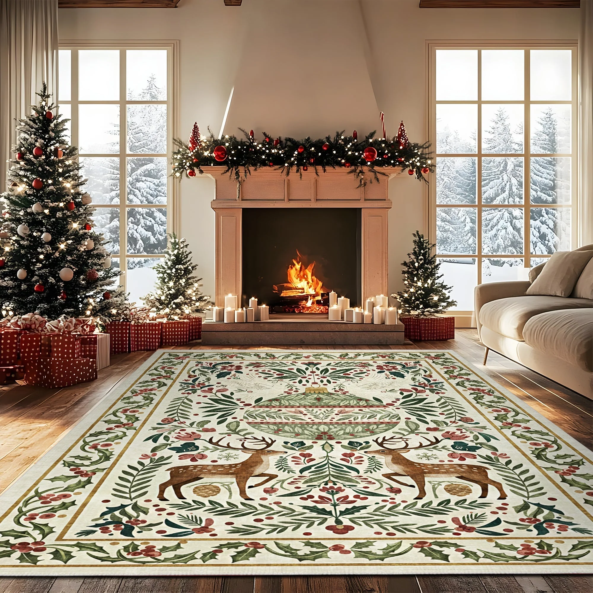 Teryna Christmas Beige And Green Machine Washable Cotton Area Rug - Image 2