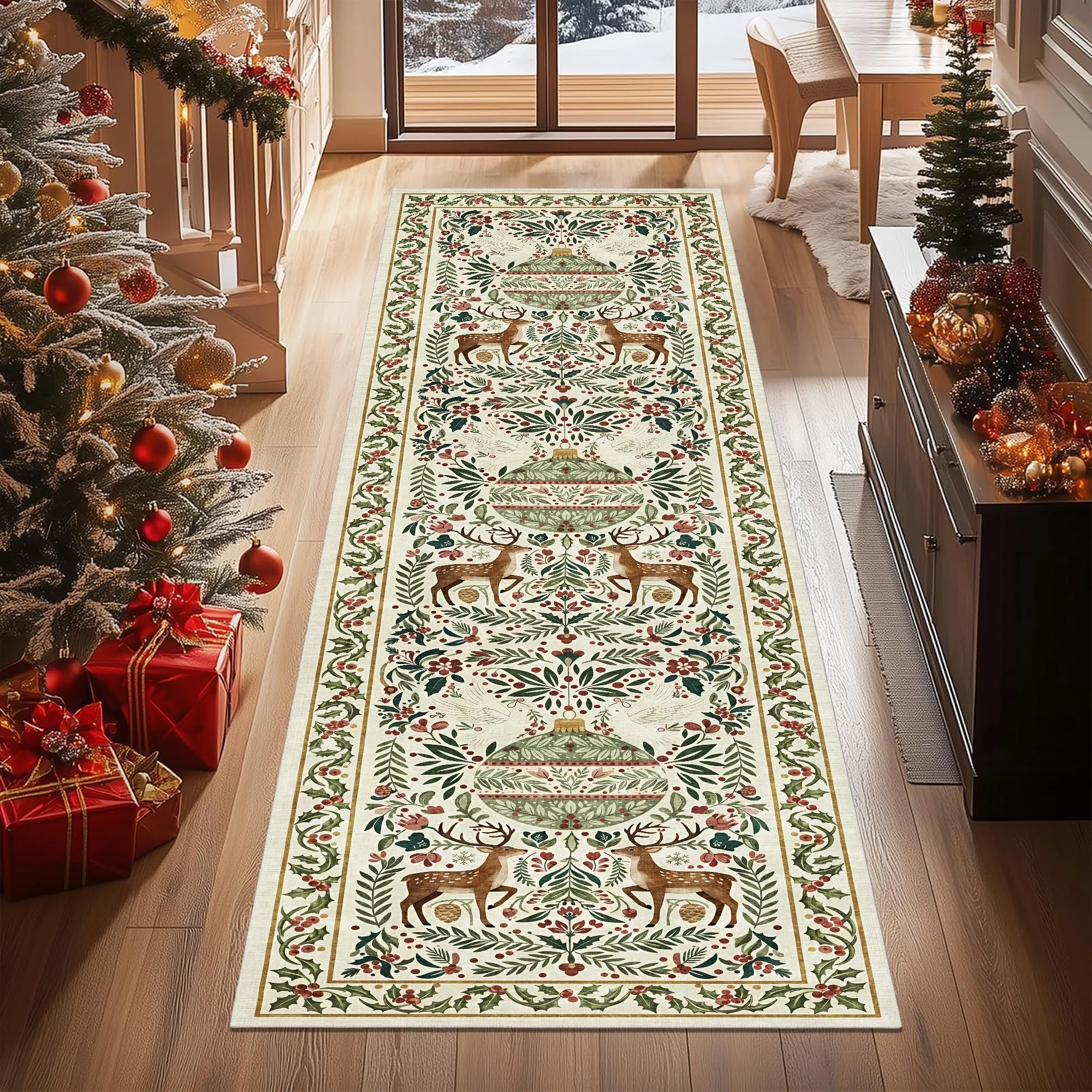 Teryna Christmas Beige And Green Machine Washable Cotton Area Rug - Image 3