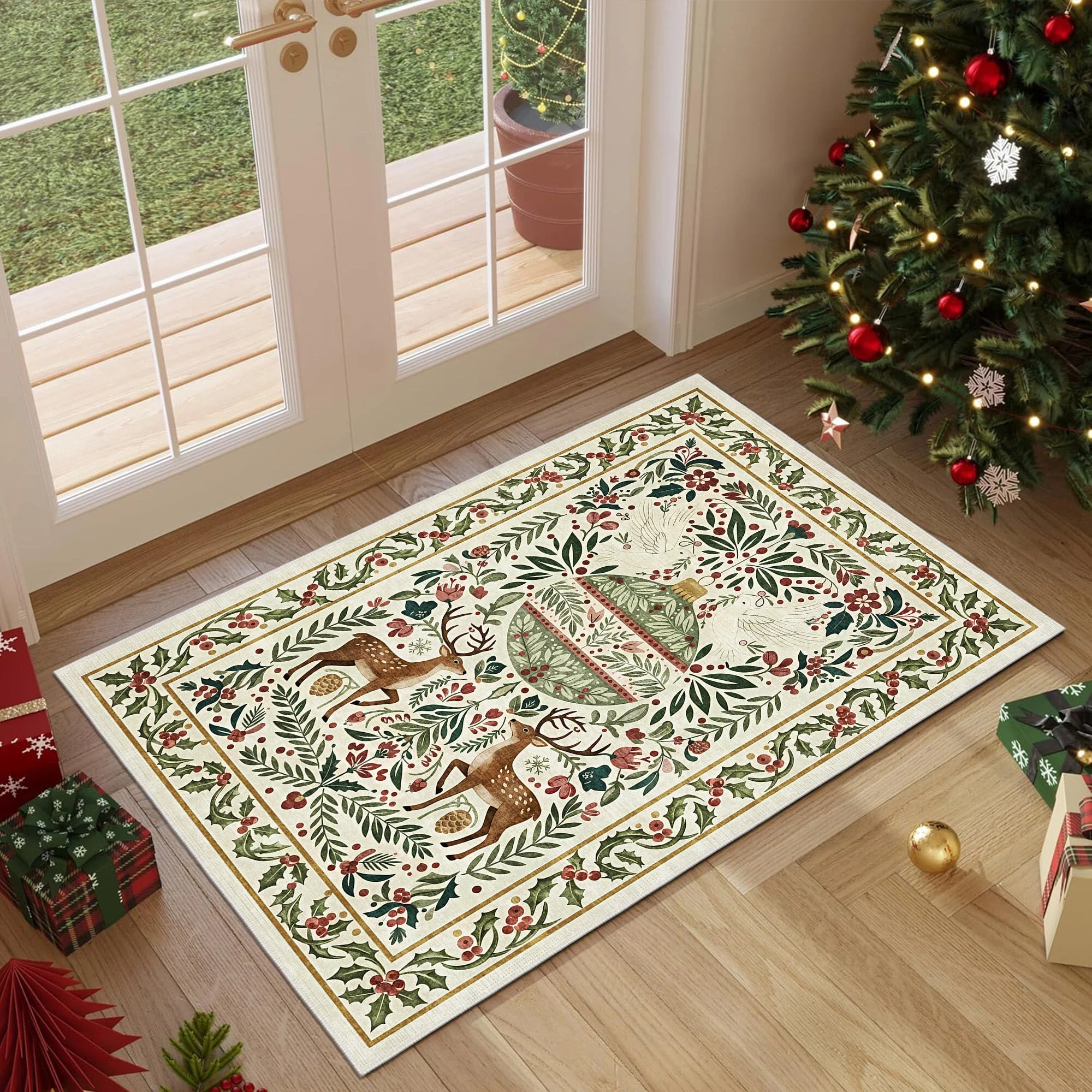 Teryna Christmas Beige And Green Machine Washable Cotton Area Rug - Image 4