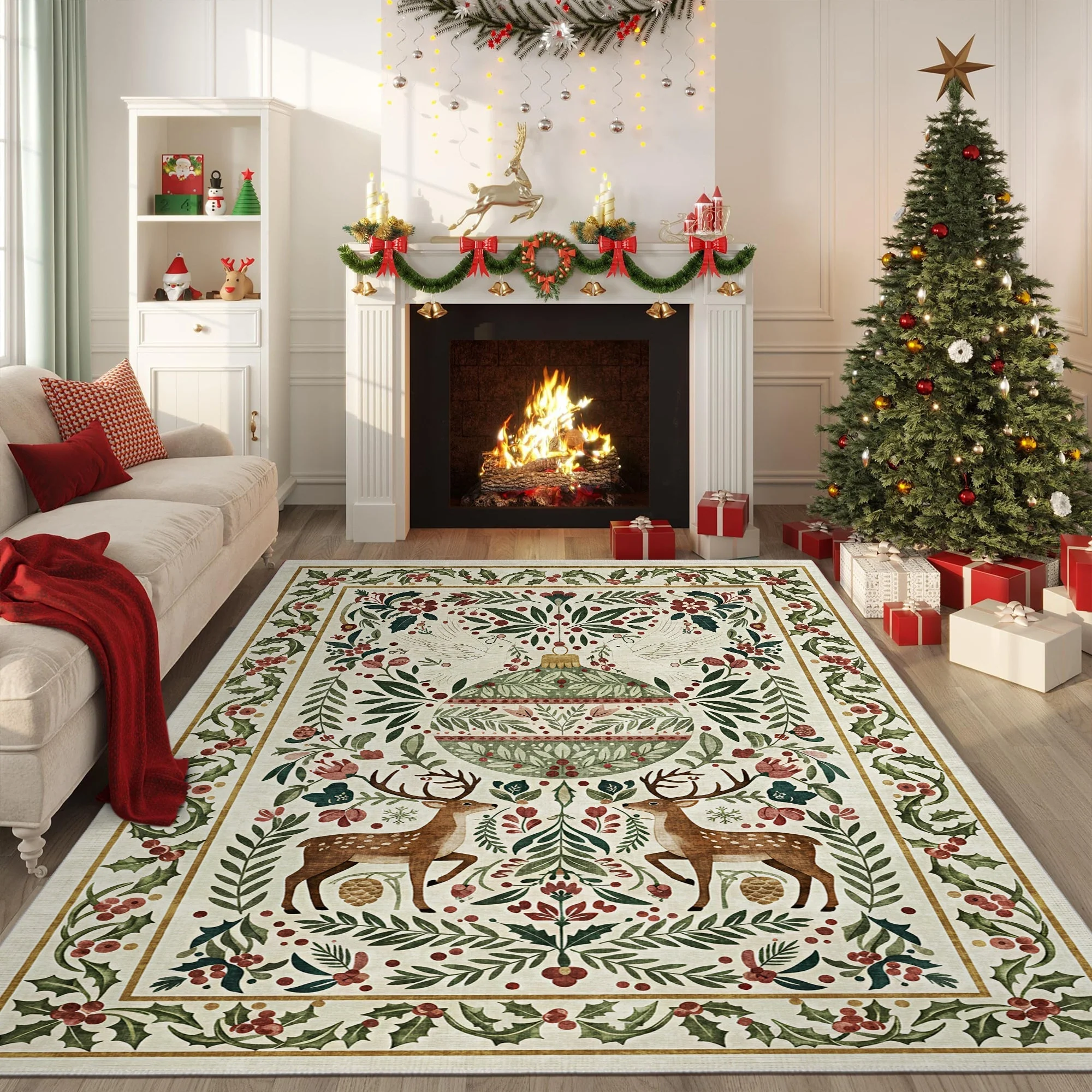 Teryna Christmas Beige And Green Machine Washable Cotton Area Rug - Image 5