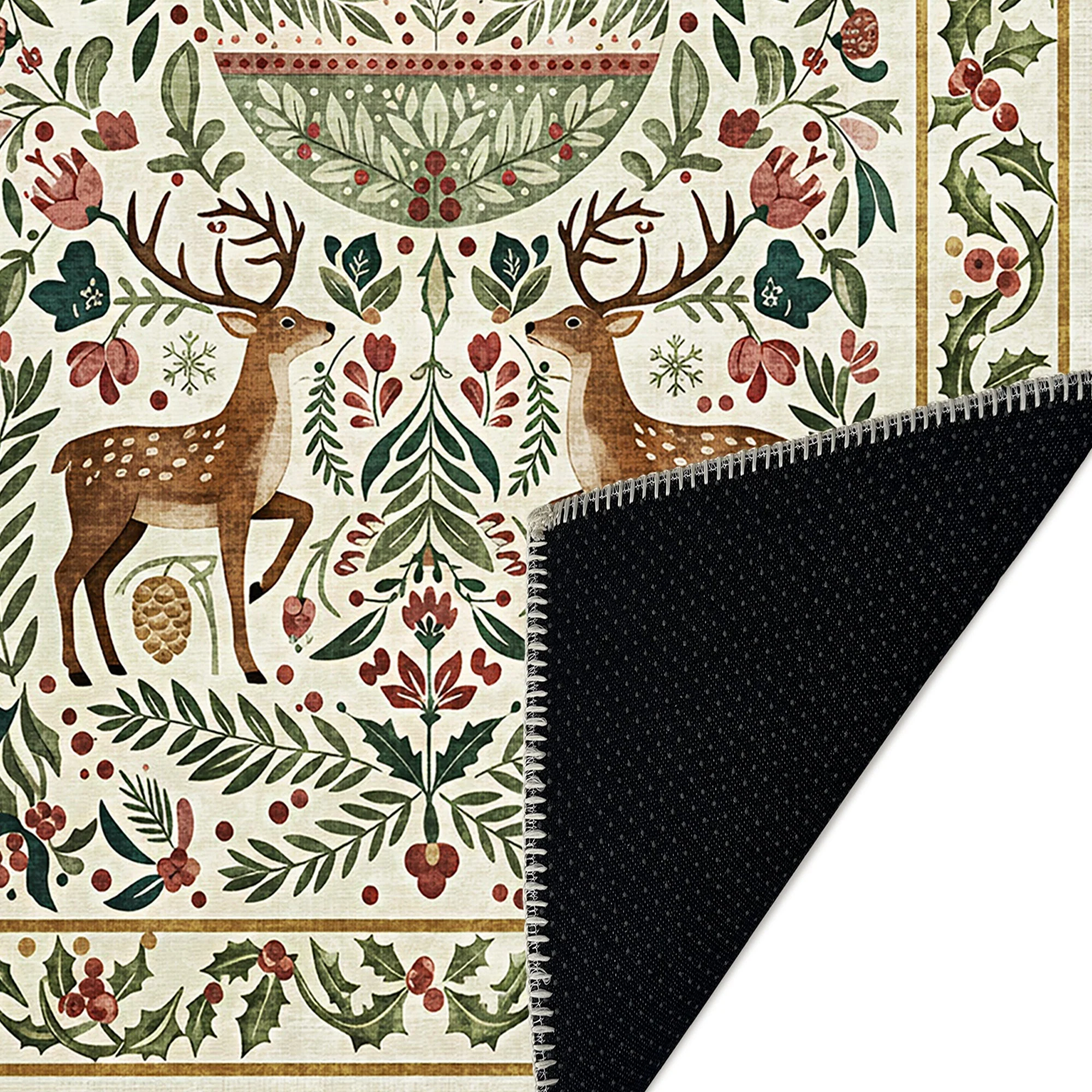 Teryna Christmas Beige And Green Machine Washable Cotton Area Rug - Image 6