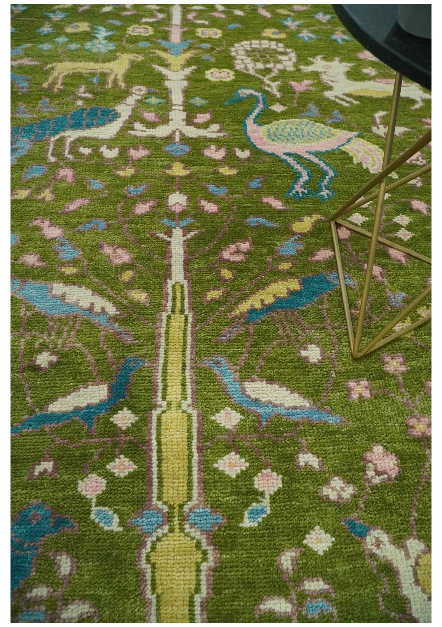 The Green Jungle Life Teal and Peach Peacock Bird Hand Knotted 8x10 Wool Area Rug - Image 2