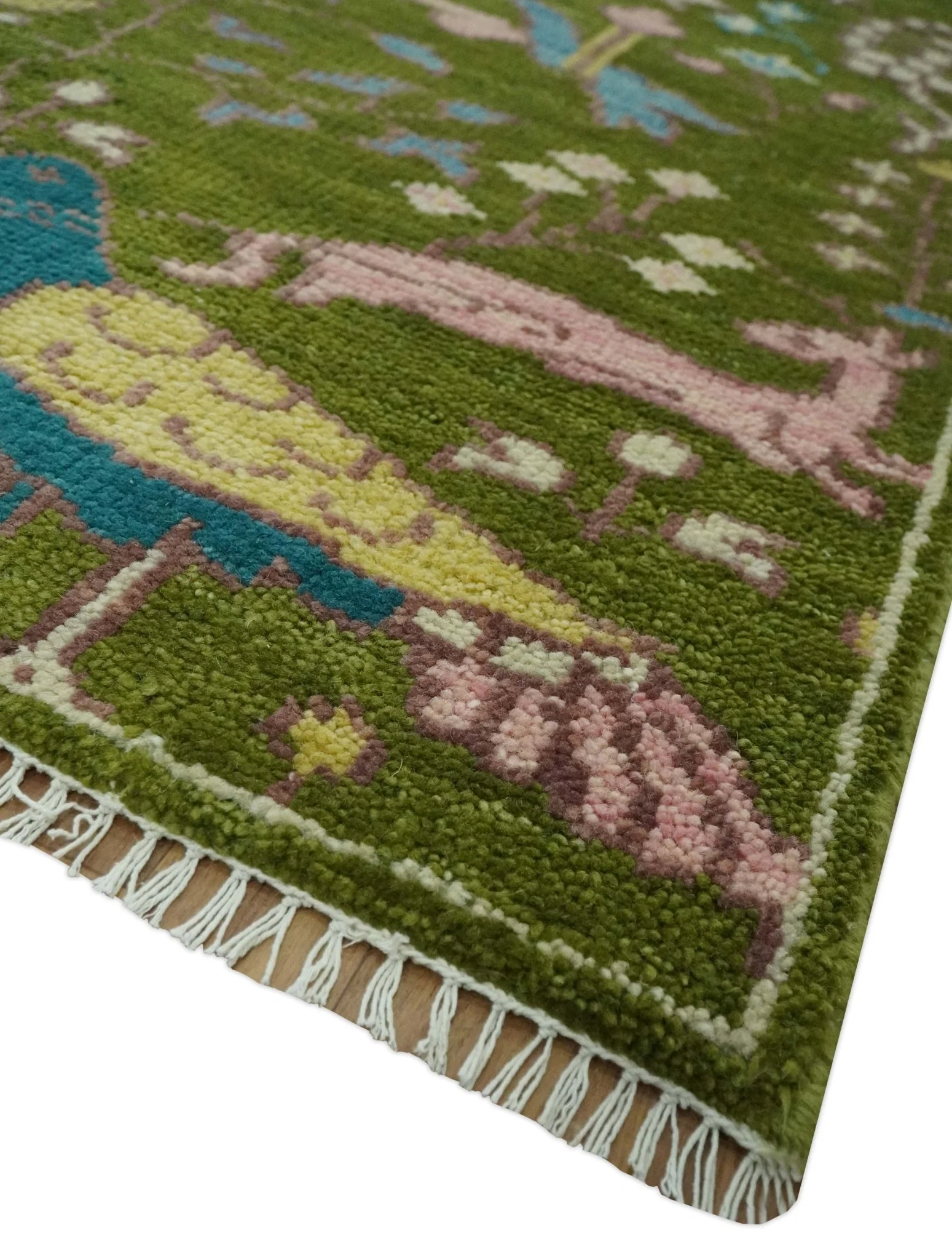The Green Jungle Life Teal and Peach Peacock Bird Hand Knotted 8x10 Wool Area Rug - Image 5
