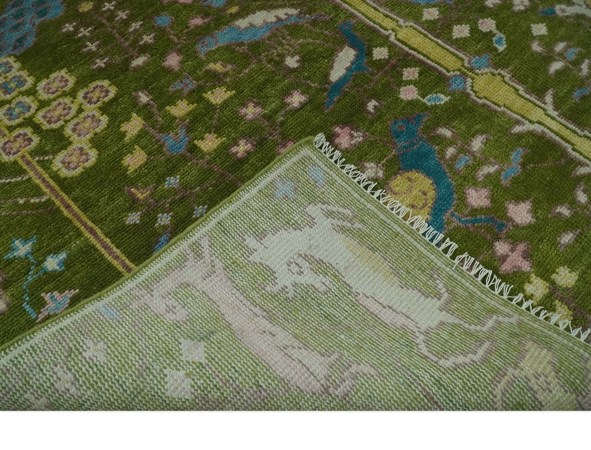 The Green Jungle Life Teal and Peach Peacock Bird Hand Knotted 8x10 Wool Area Rug - Image 7