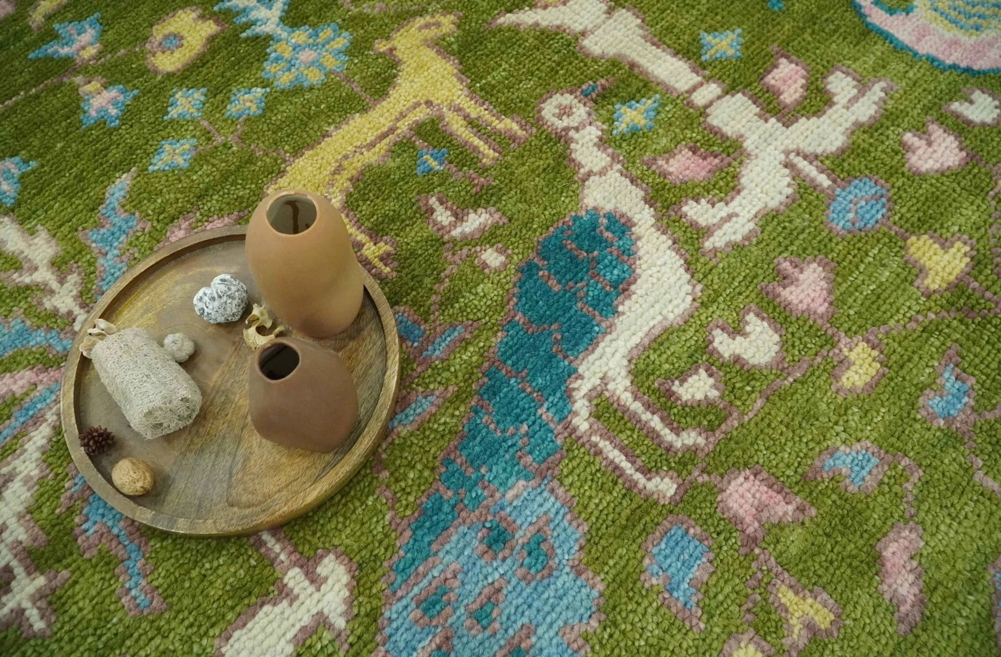 The Green Jungle Life Teal and Peach Peacock Bird Hand Knotted 8x10 Wool Area Rug - Image 9