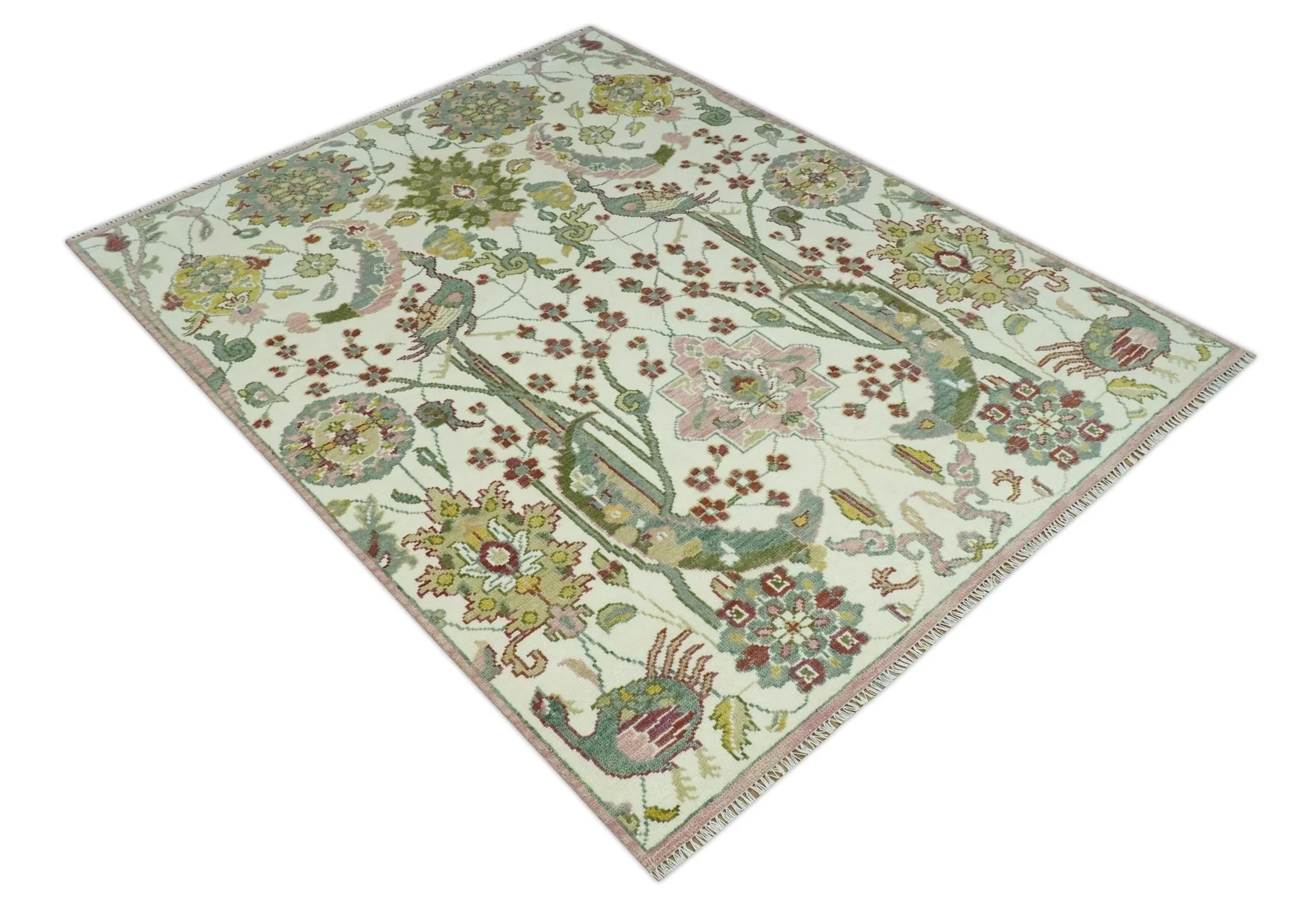 The Peacock Garden Ivory and Green Bird Hand Knotted Multi size Wool Area Rug - Image 10