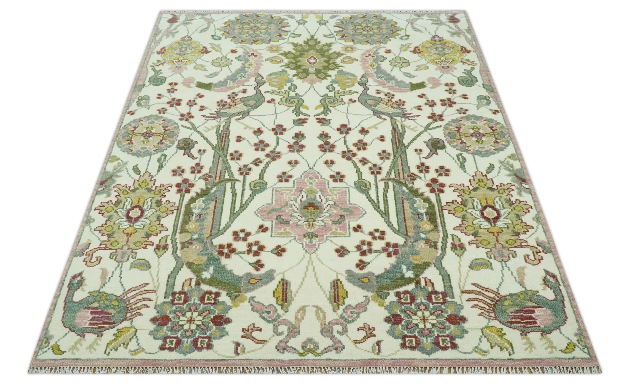 The Peacock Garden Ivory and Green Bird Hand Knotted Multi size Wool Area Rug - Image 11