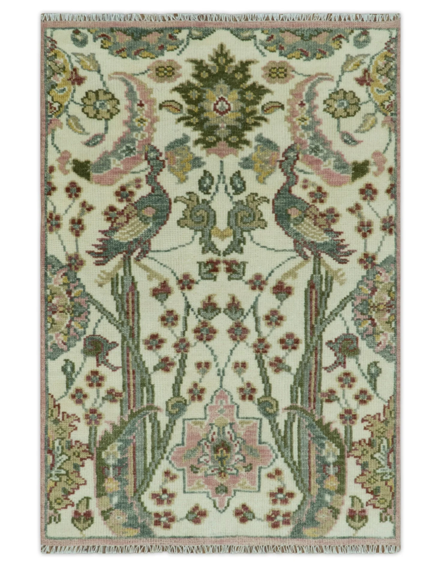 The Peacock Garden Ivory and Green Bird Hand Knotted Multi size Wool Area Rug - Image 13