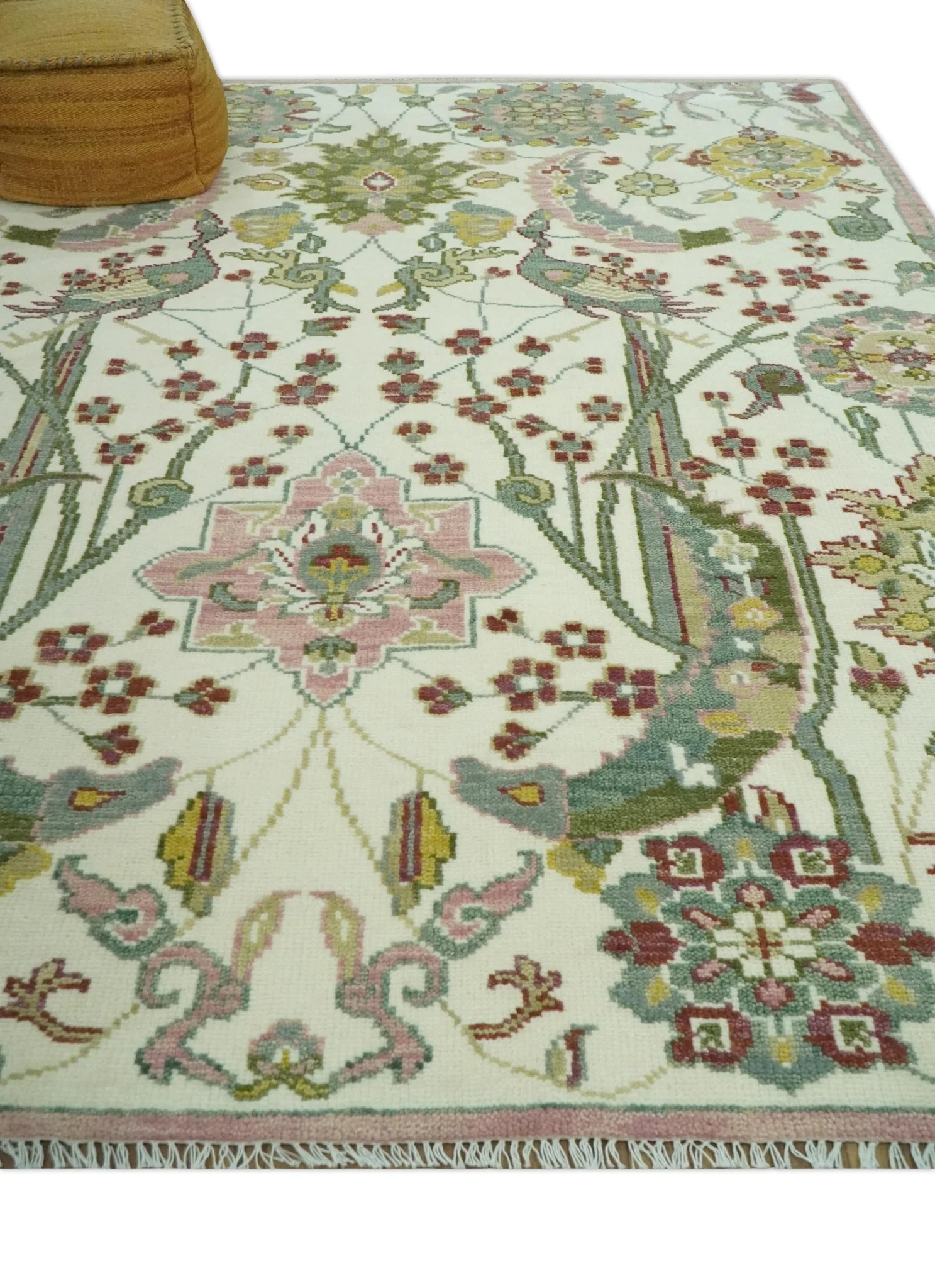The Peacock Garden Ivory and Green Bird Hand Knotted Multi size Wool Area Rug - Image 3