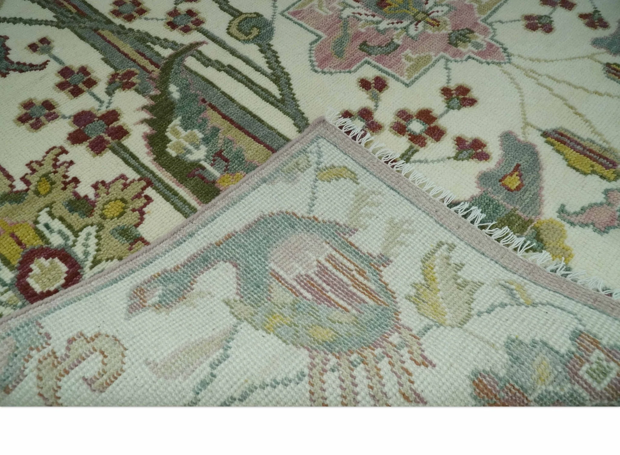 8x10 Peacock Garden Ivory and Green Bird Hand Knotted Wool Area Rug - Image 7