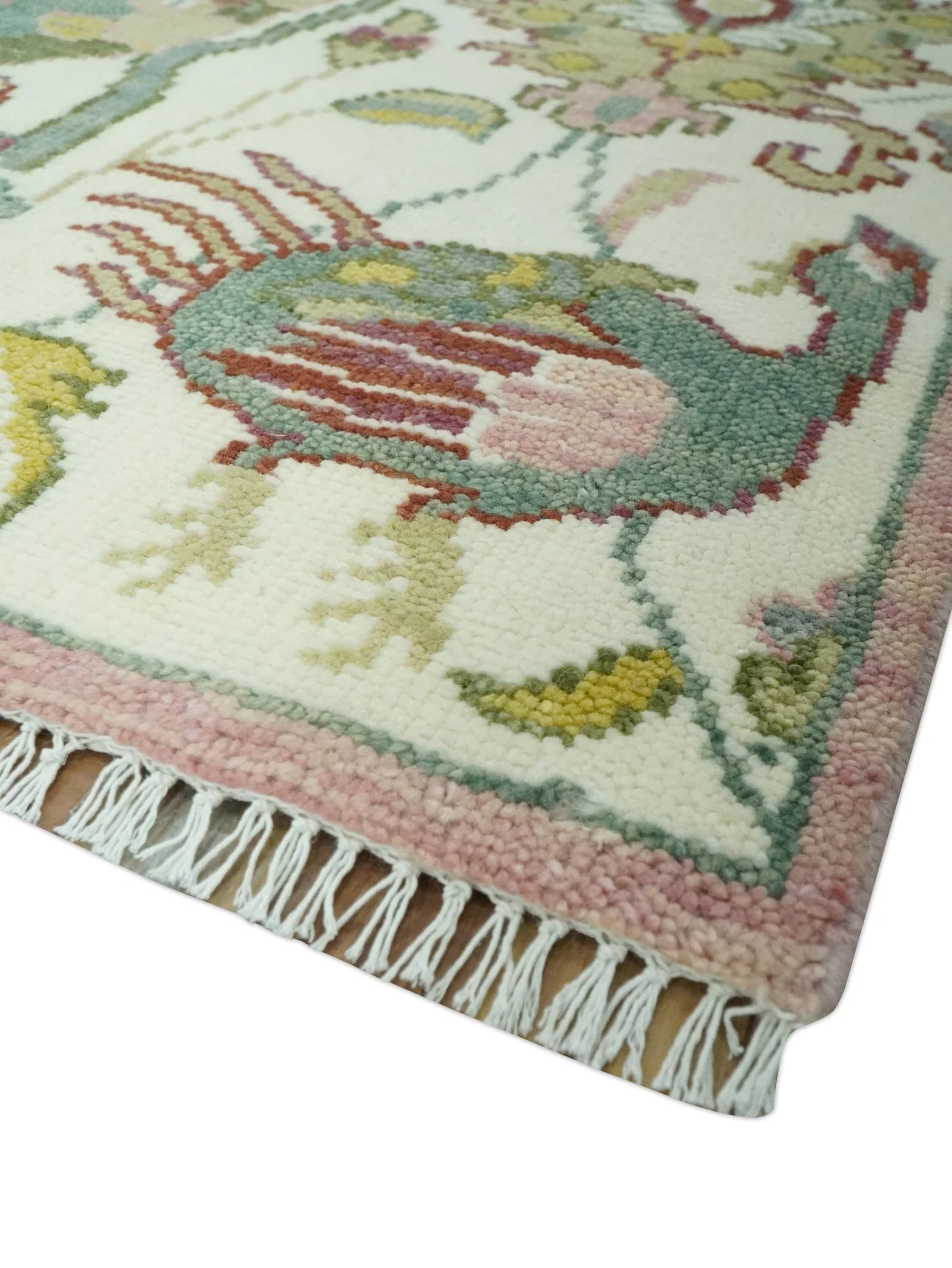 8x10 Peacock Garden Ivory and Green Bird Hand Knotted Wool Area Rug - Image 9