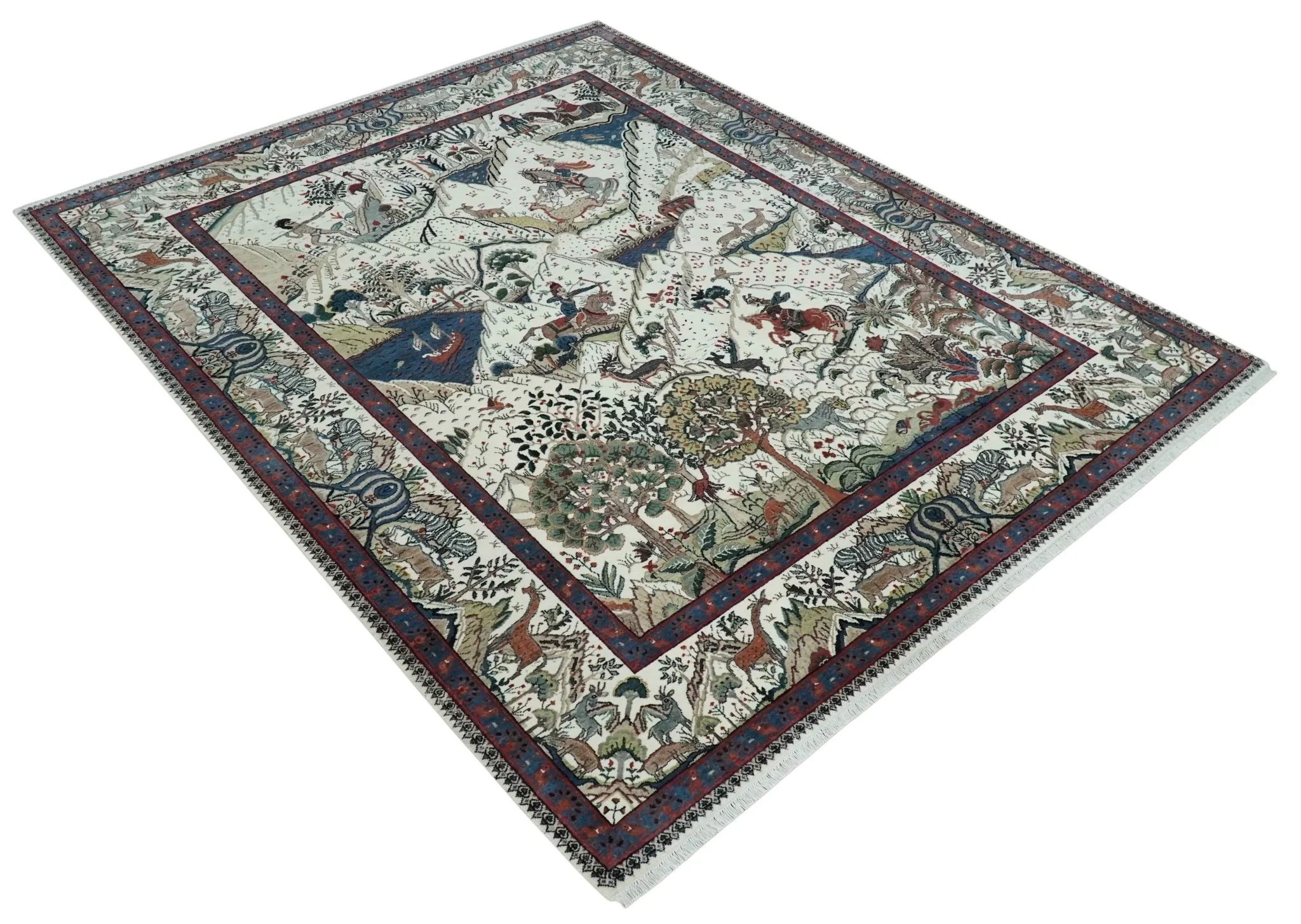 The Jungle Life Hunter and the King Animal Tree Rug Hand Knotted Ivory and Olive Wool - Image 10