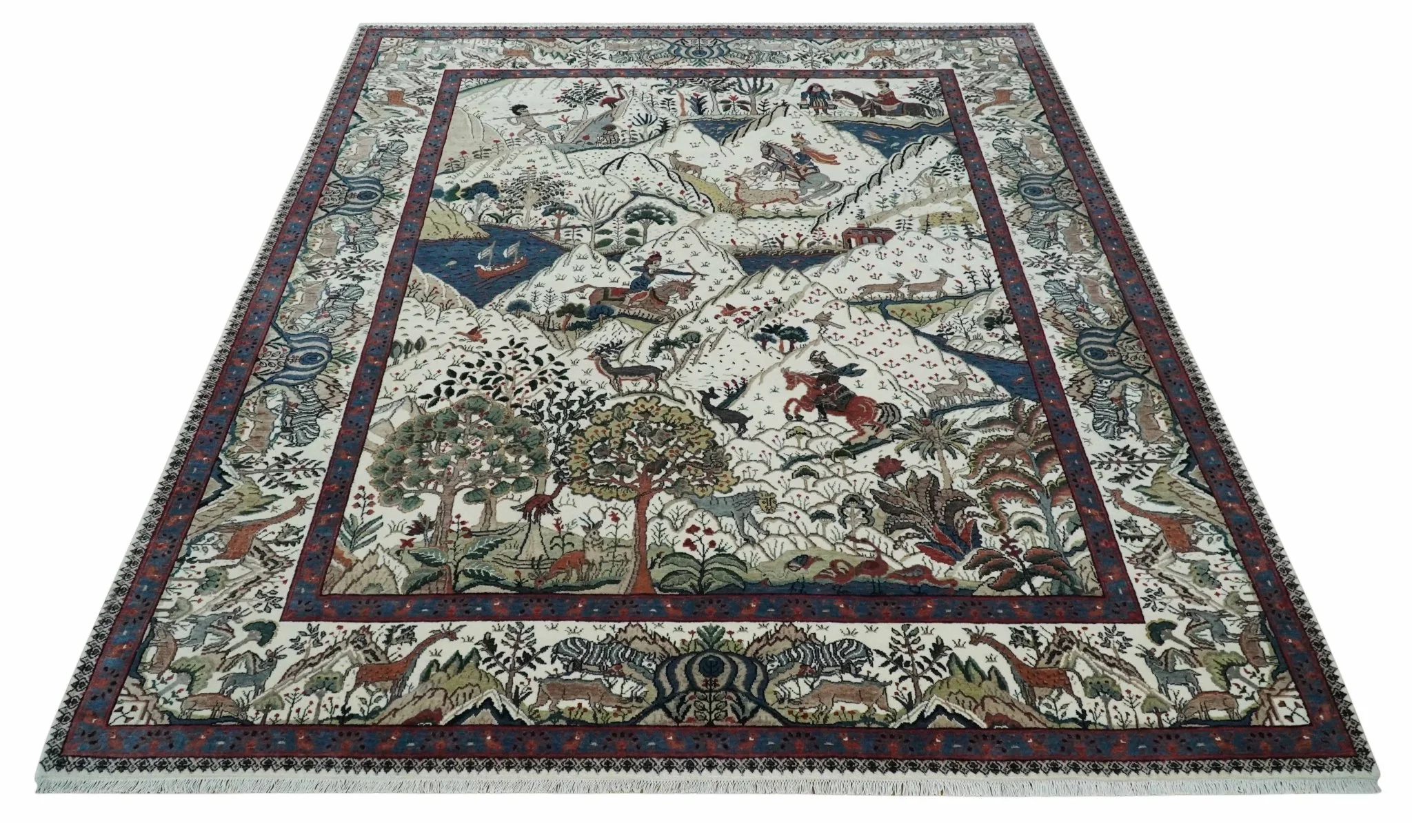 The Jungle Life Hunter and the King Animal Tree Rug Hand Knotted Ivory and Olive Wool - Image 11