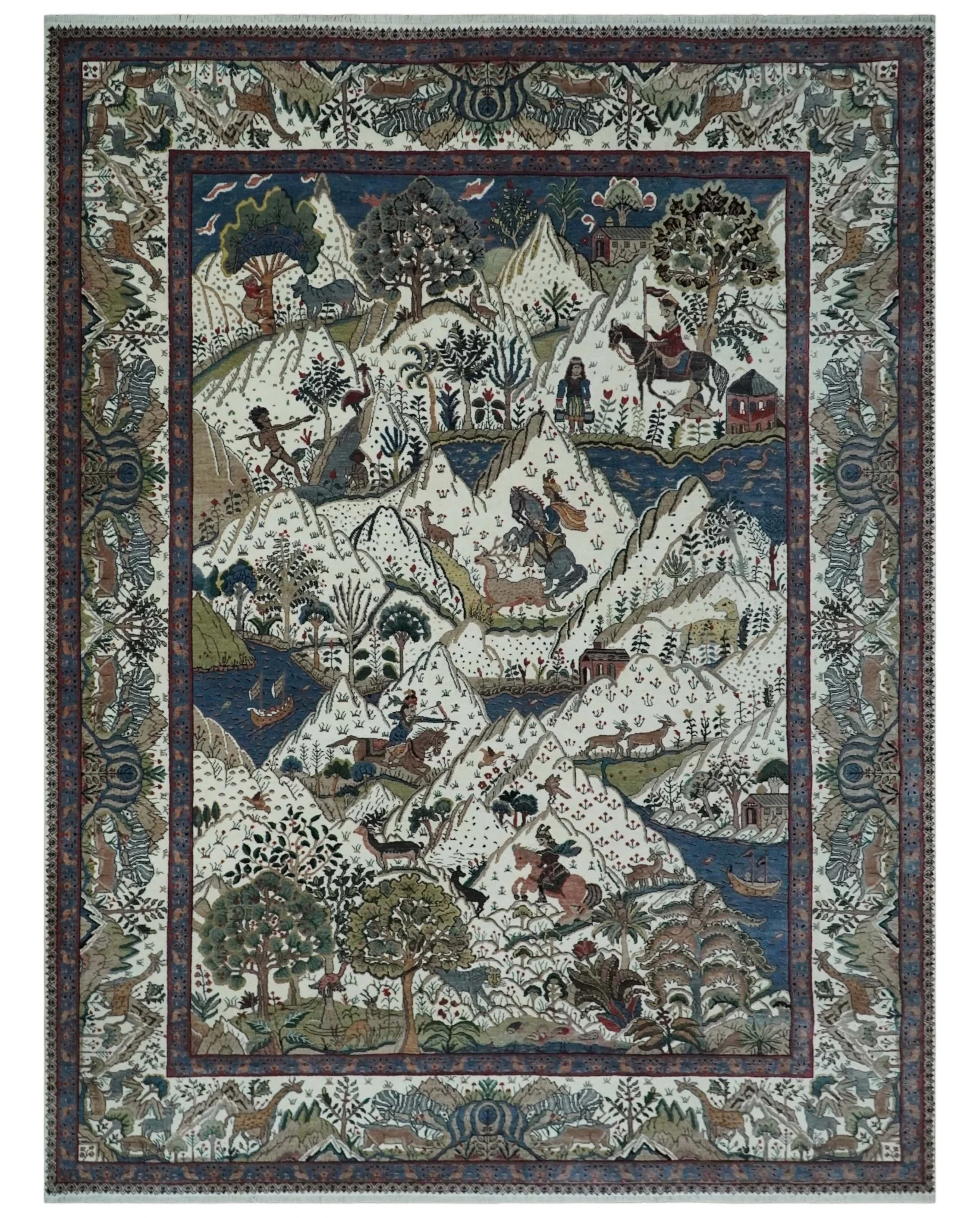 The Jungle Life Hunter and the King Animal Tree Rug Hand Knotted Ivory and Olive Wool - Image 12