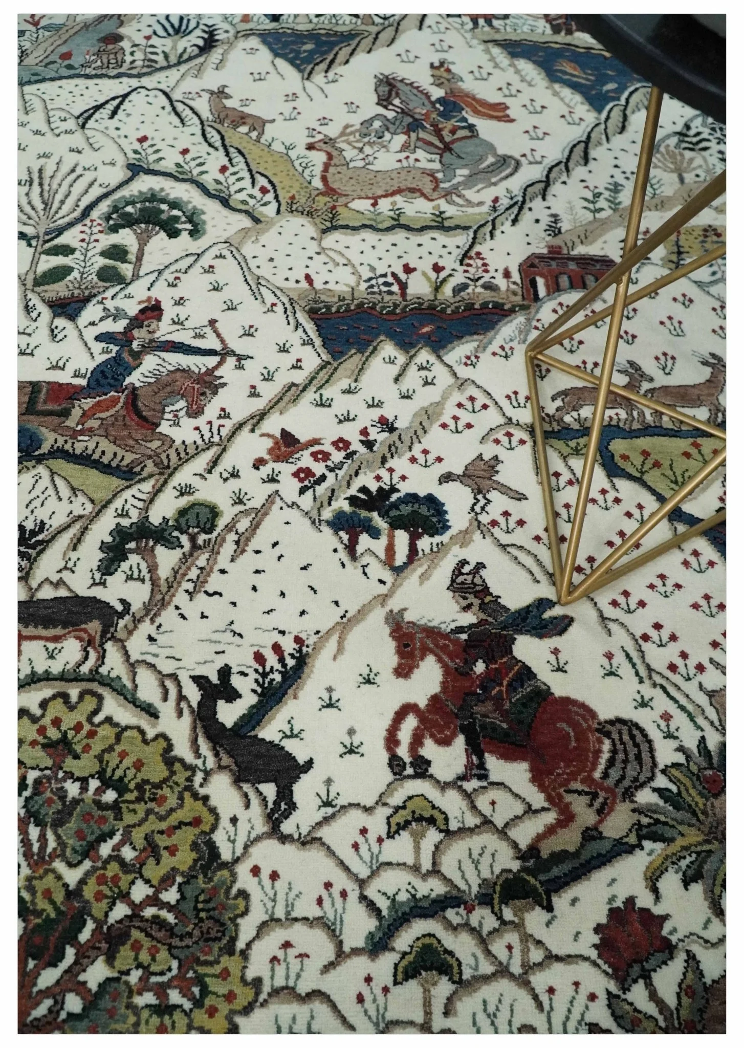 The Jungle Life Hunter and the King Animal Tree Rug Hand Knotted Ivory and Olive Wool - Image 2
