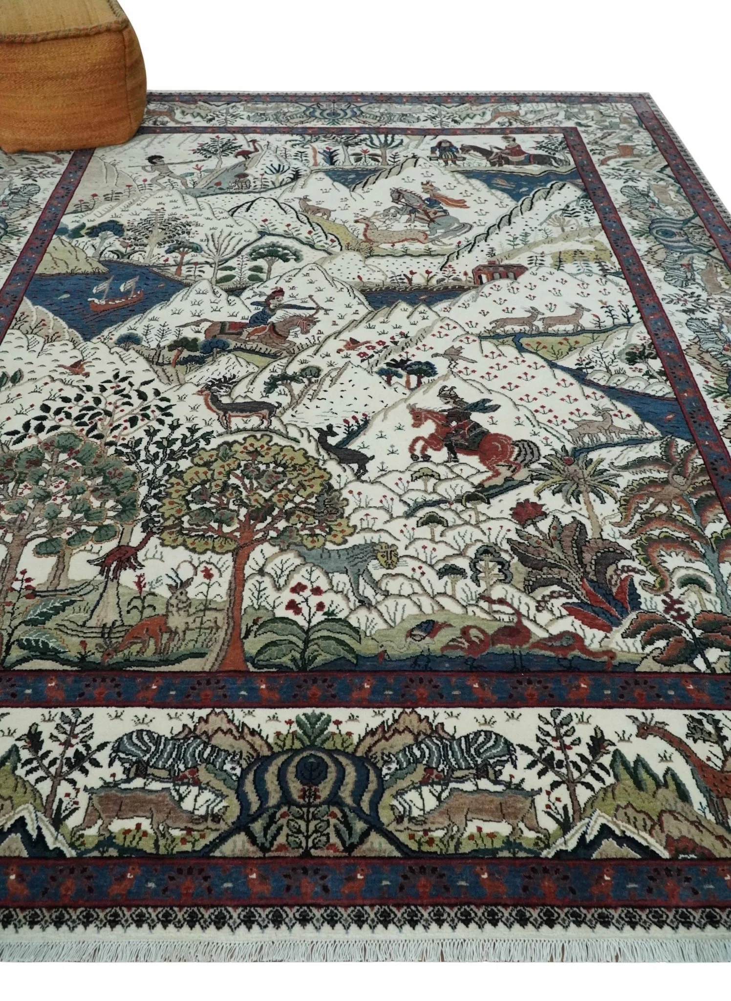 The Jungle Life Hunter and the King Animal Tree Rug Hand Knotted Ivory and Olive Wool - Image 3