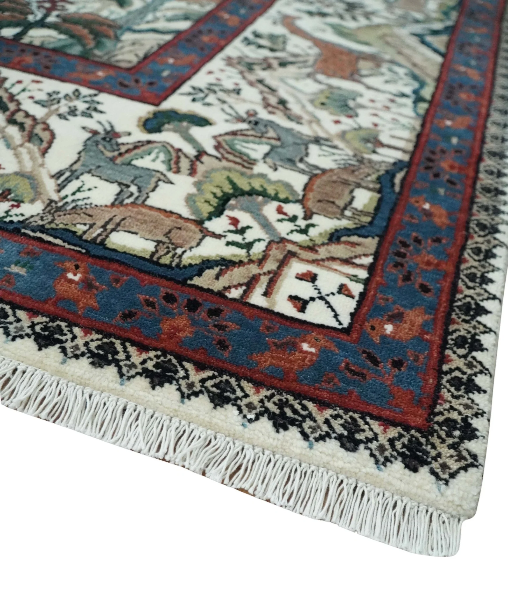 The Jungle Life Hunter and the King Animal Tree Rug Hand Knotted Ivory and Olive Wool - Image 5