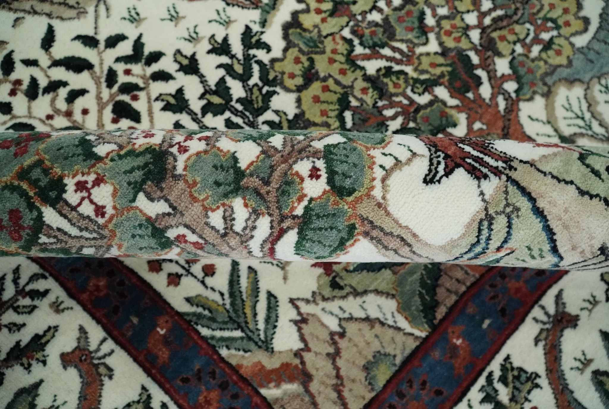 The Jungle Life Hunter and the King Animal Tree Rug Hand Knotted Ivory and Olive Wool - Image 6